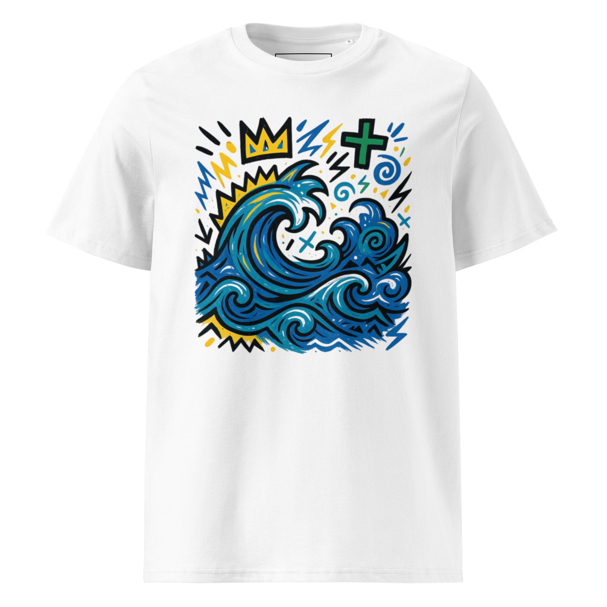 T-shirt Ondja blanc unisexe en coton bio avec imprimé artistique vague bleue et couronne jaune, mode afro luxe par Élisabeth Akaïa Kaï