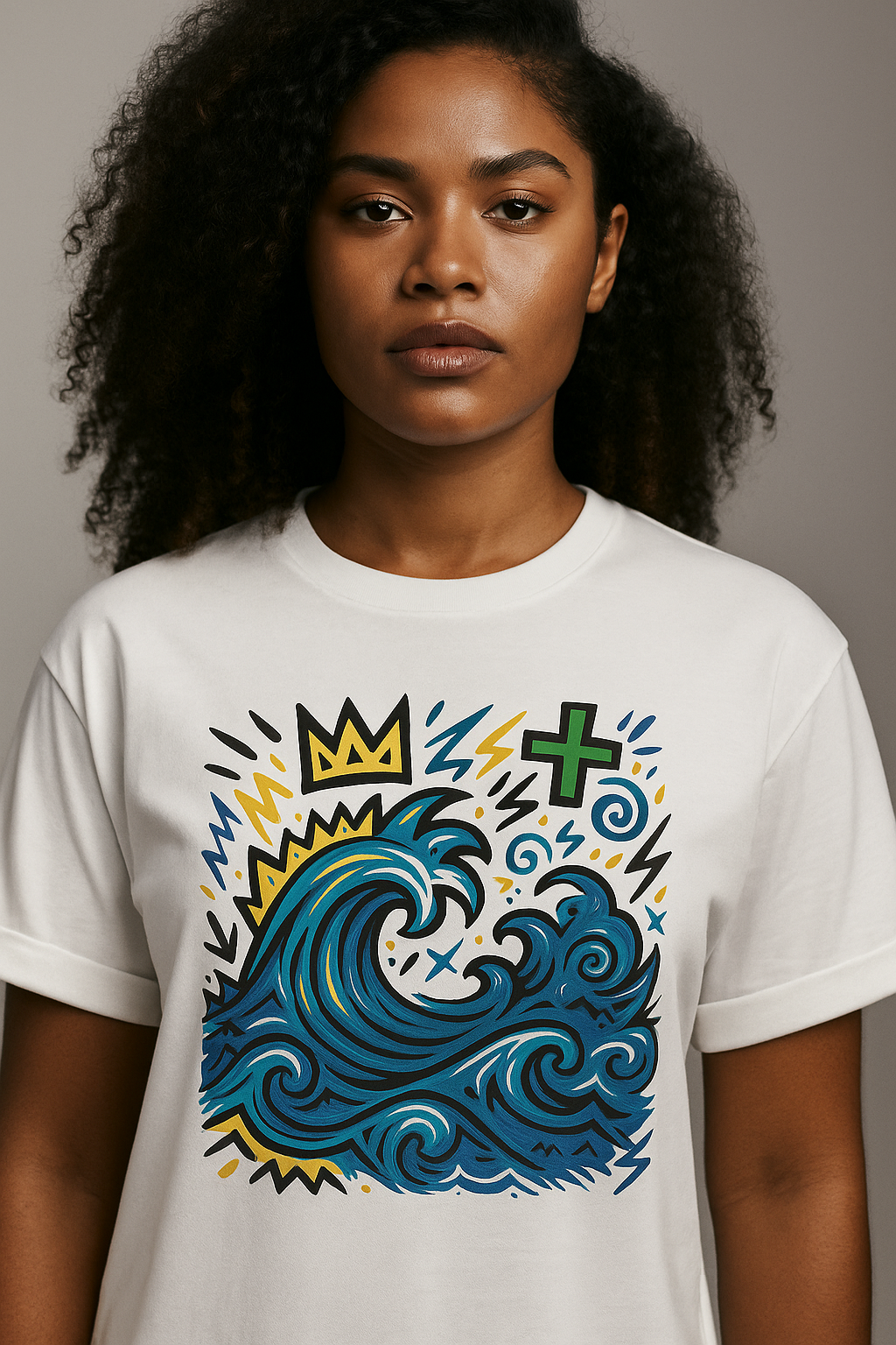 T-shirt Ondja blanc unisexe en coton bio avec imprimé artistique vague bleue et couronne jaune, mode afro luxe par Élisabeth Akaïa Kaï