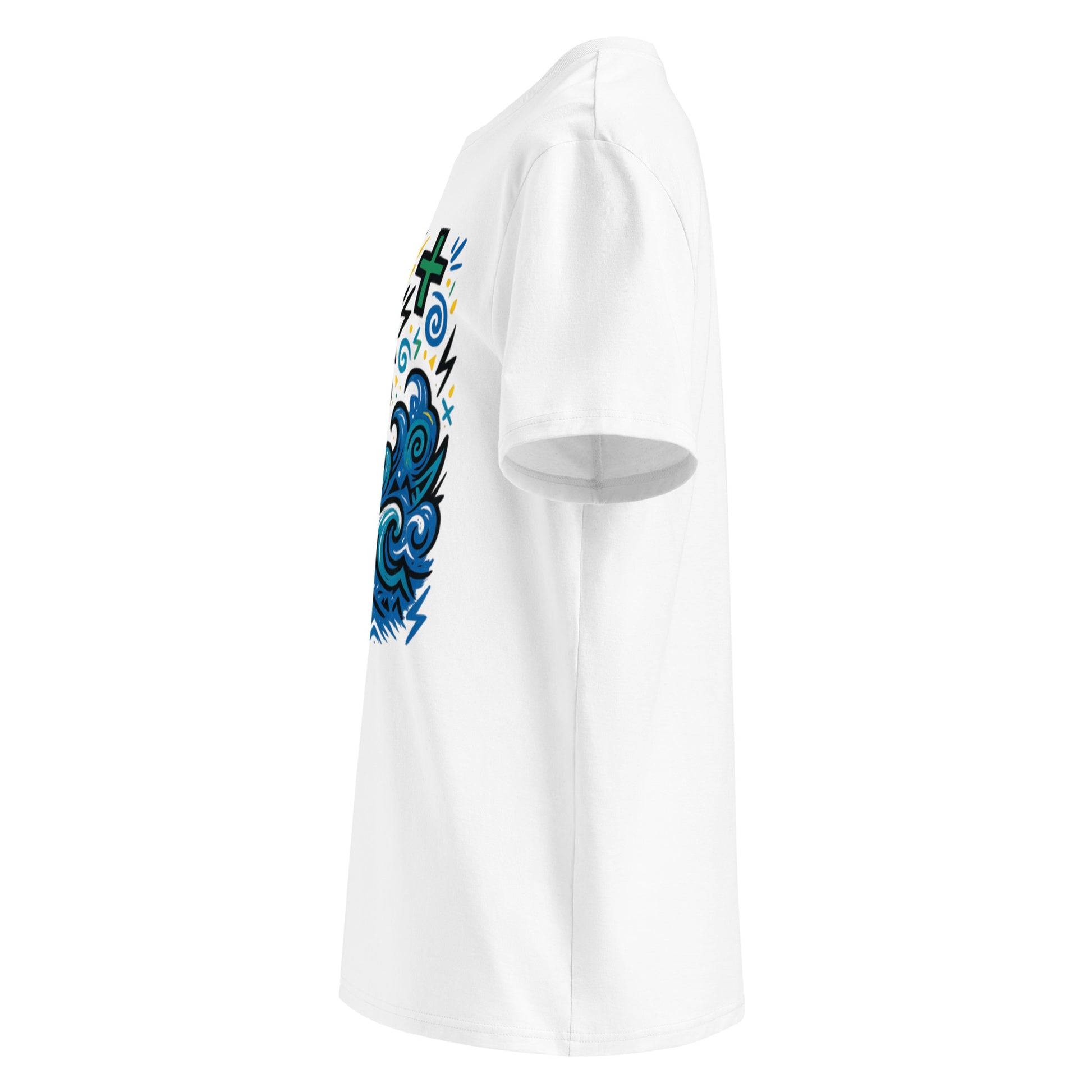 T-shirt Ondja blanc unisexe en coton bio avec imprimé artistique vague bleue et couronne jaune, mode afro luxe par Élisabeth Akaïa Kaï