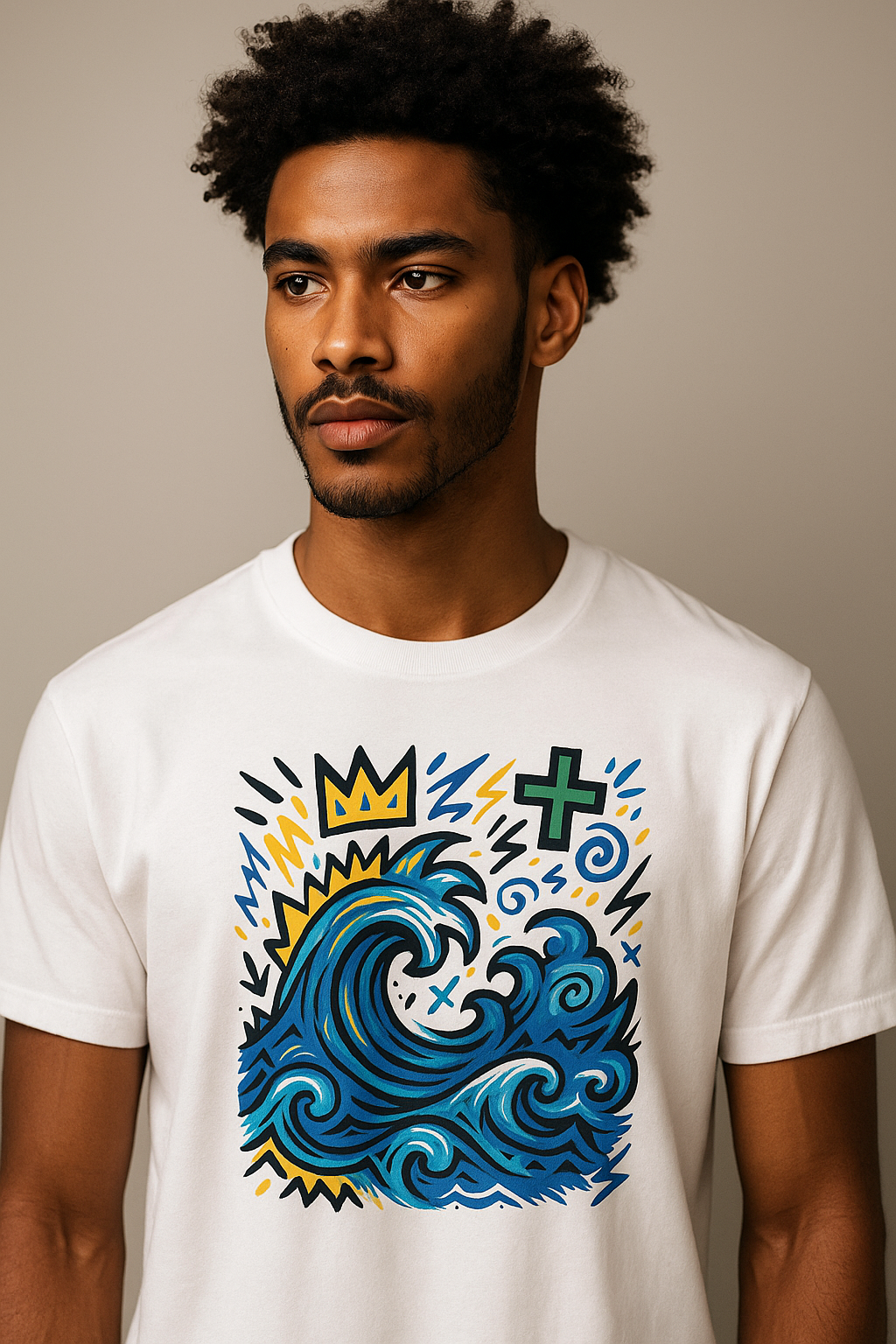 T-shirt Ondja blanc unisexe en coton bio avec imprimé artistique vague bleue et couronne jaune, mode afro luxe par Élisabeth Akaïa Kaï