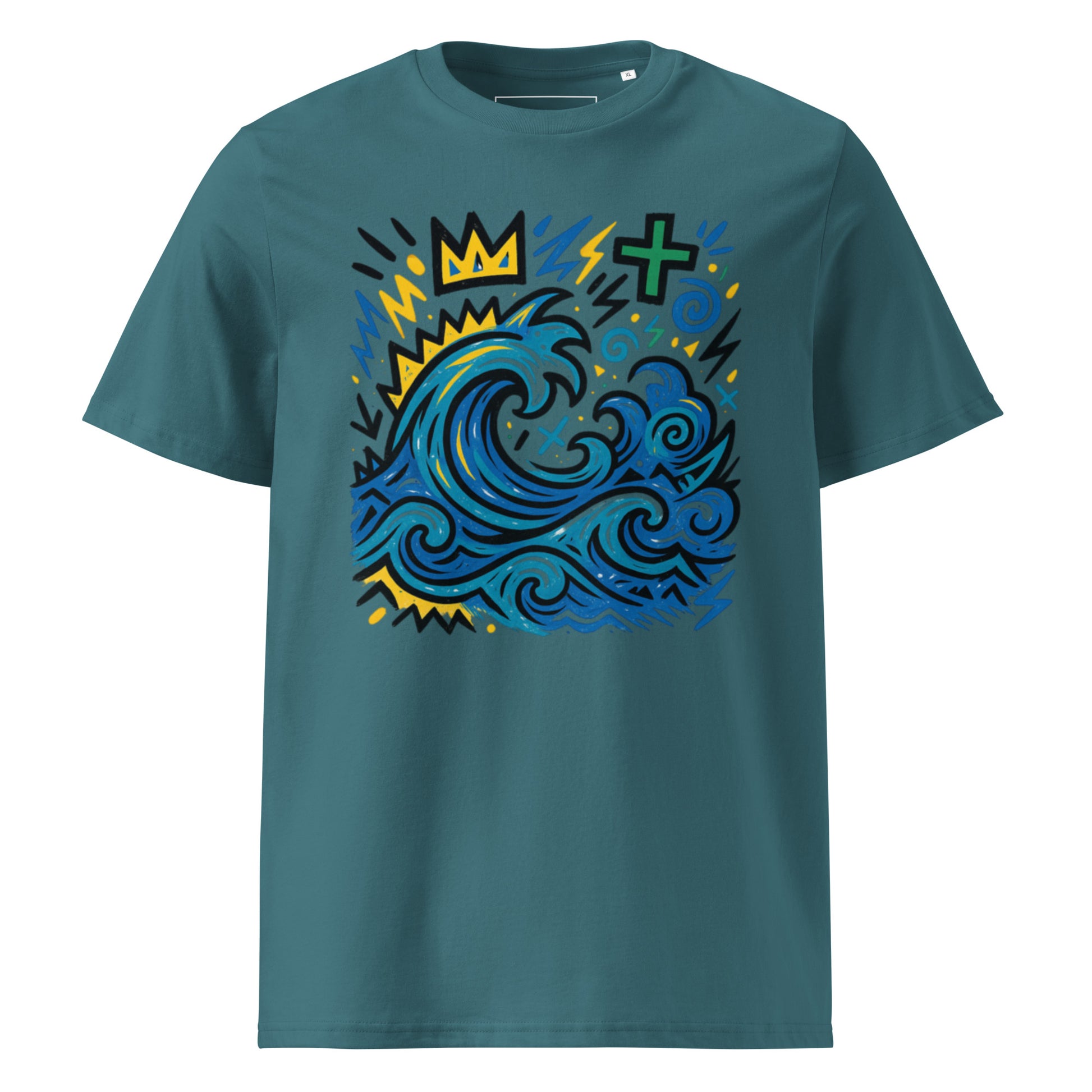 T-shirt Ondja bleu-vert unisexe coton biologique, imprimé artistique vague bleue et symboles, mode afro luxe contemporaine