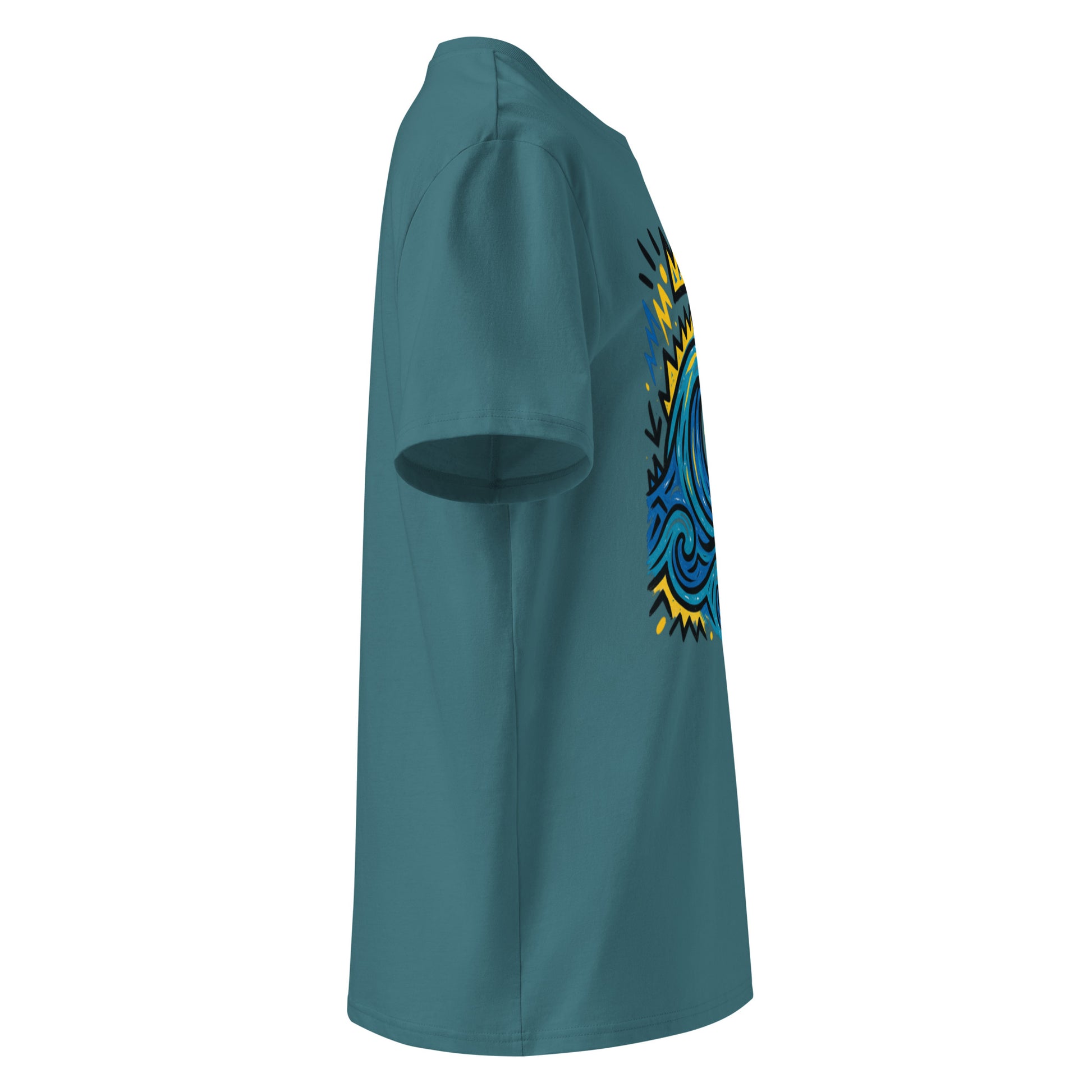 T-shirt Ondja bleu-vert unisexe coton biologique, imprimé artistique vague bleue et symboles, mode afro luxe contemporaine
