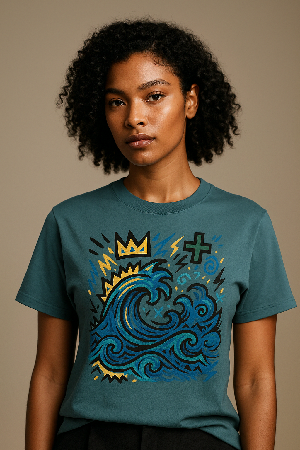 T-shirt Ondja bleu-vert unisexe coton biologique, imprimé artistique vague bleue et symboles, mode afro luxe contemporaine