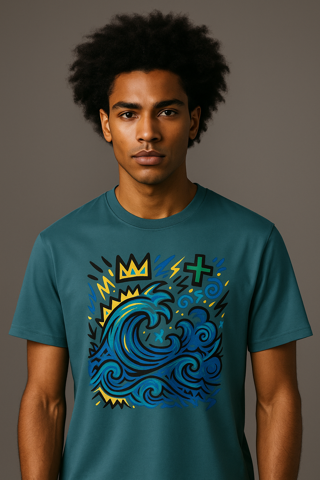 T-shirt Ondja bleu-vert unisexe coton biologique, imprimé artistique vague bleue et symboles, mode afro luxe contemporaine