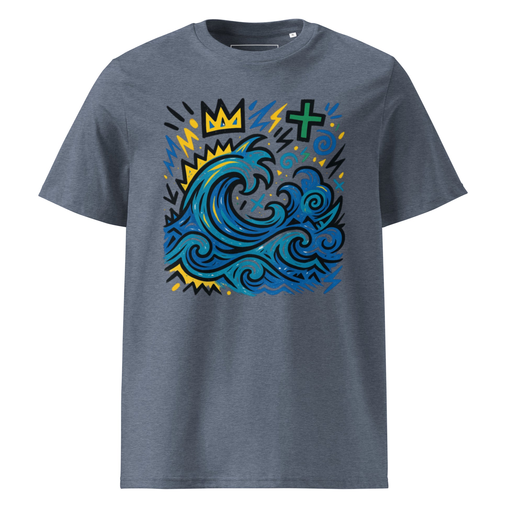 T-shirt Ondja bleu chiné foncé unisexe coton bio certifié, motif vague bleue et symboles graphiques colorés, Élisabeth Akaïa Kaï