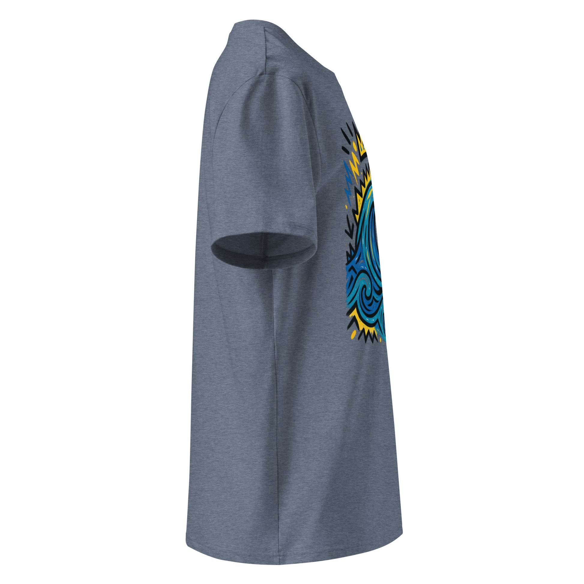 T-shirt Ondja bleu chiné foncé unisexe coton bio certifié, motif vague bleue et symboles graphiques colorés, Élisabeth Akaïa Kaï