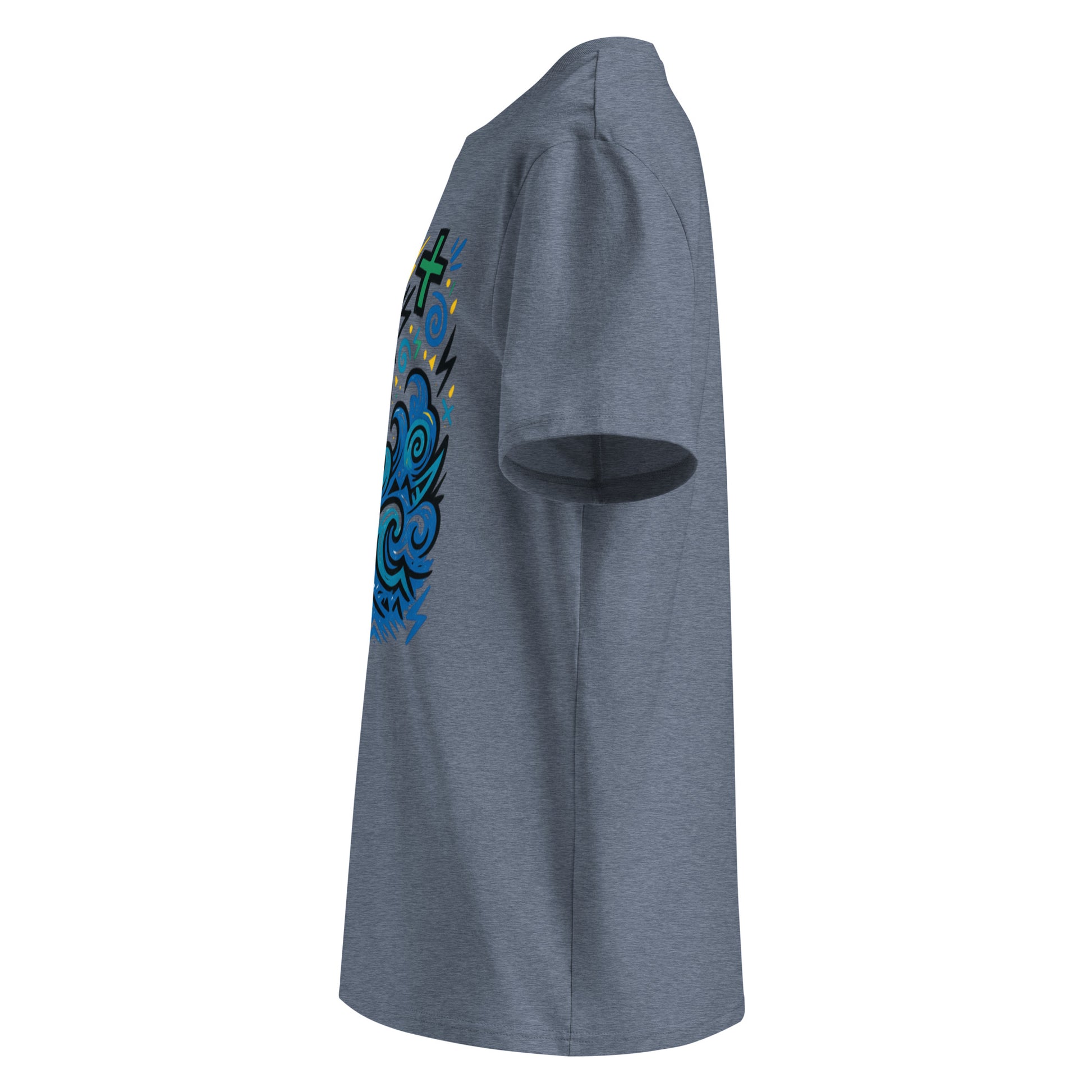 T-shirt Ondja bleu chiné foncé unisexe coton bio certifié, motif vague bleue et symboles graphiques colorés, Élisabeth Akaïa Kaï