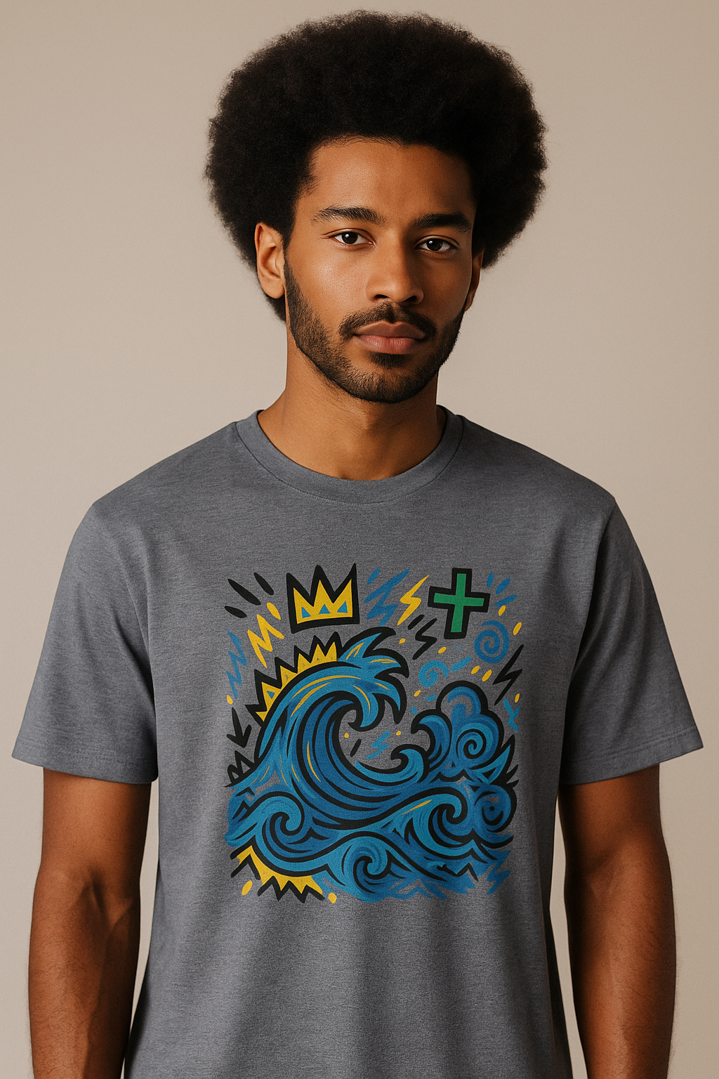 T-shirt Ondja bleu chiné foncé unisexe coton bio certifié, motif vague bleue et symboles graphiques colorés, Élisabeth Akaïa Kaï