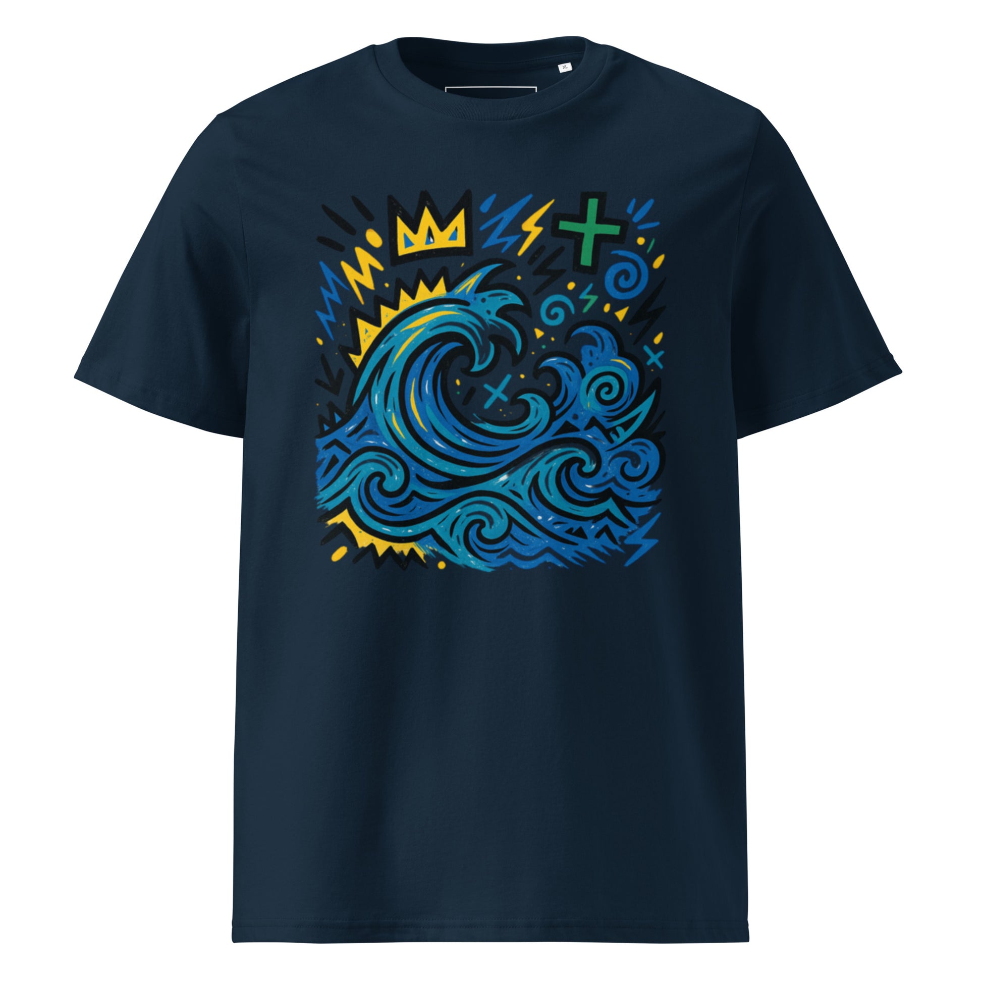 T-shirt Ondja bleu marine unisexe coton bio, motif artistique vague bleue et symboles afro luxe, édition limitée Élisabeth Akaïa Kaï