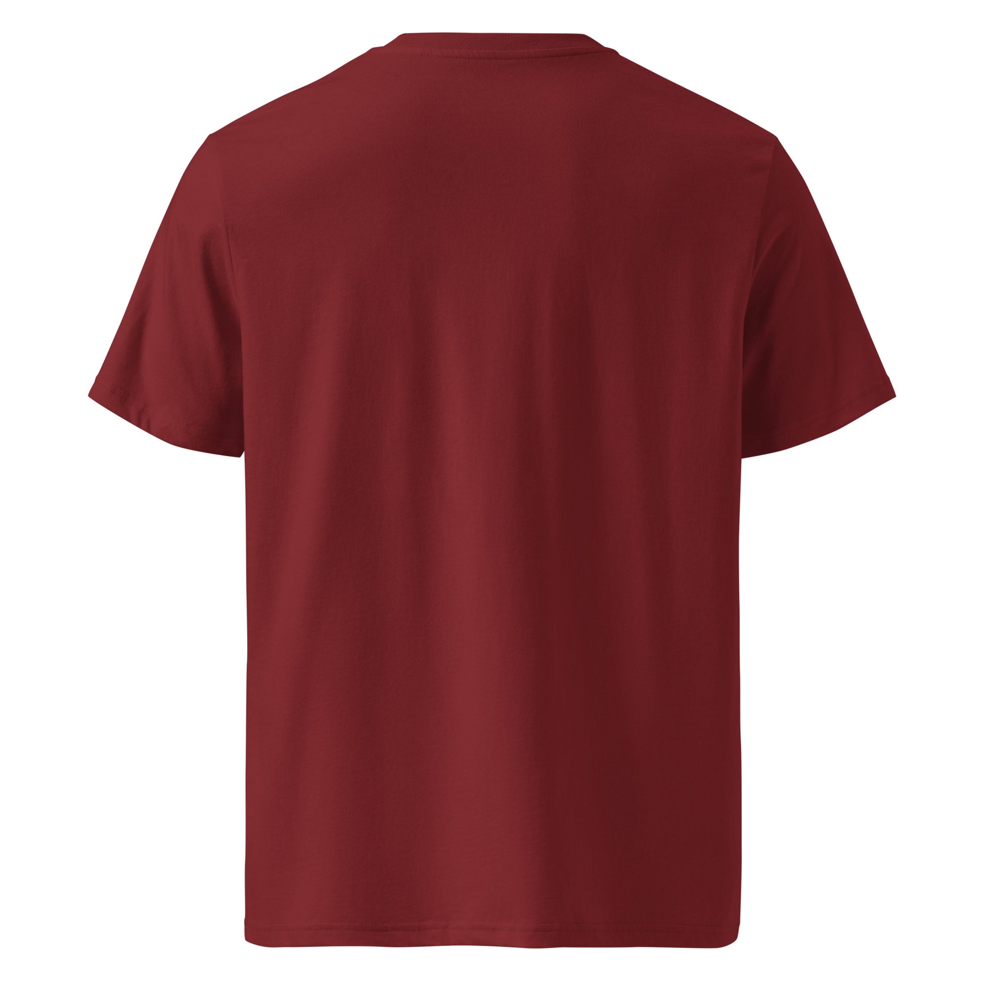 T-shirt Ondja bordeaux unisexe coton bio, imprimé exclusif vague bleue stylisée avec symboles graphiques, mode gabon luxe