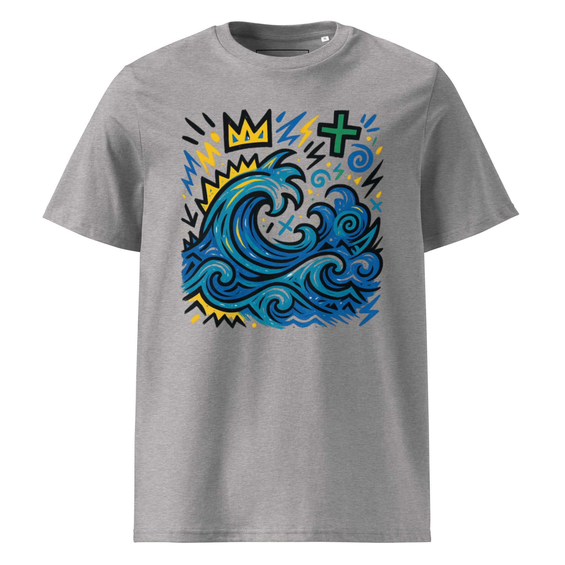 T-shirt Ondja gris clair chiné unisexe coton biologique, imprimé vague bleue stylisée avec symboles, mode afro luxe durable