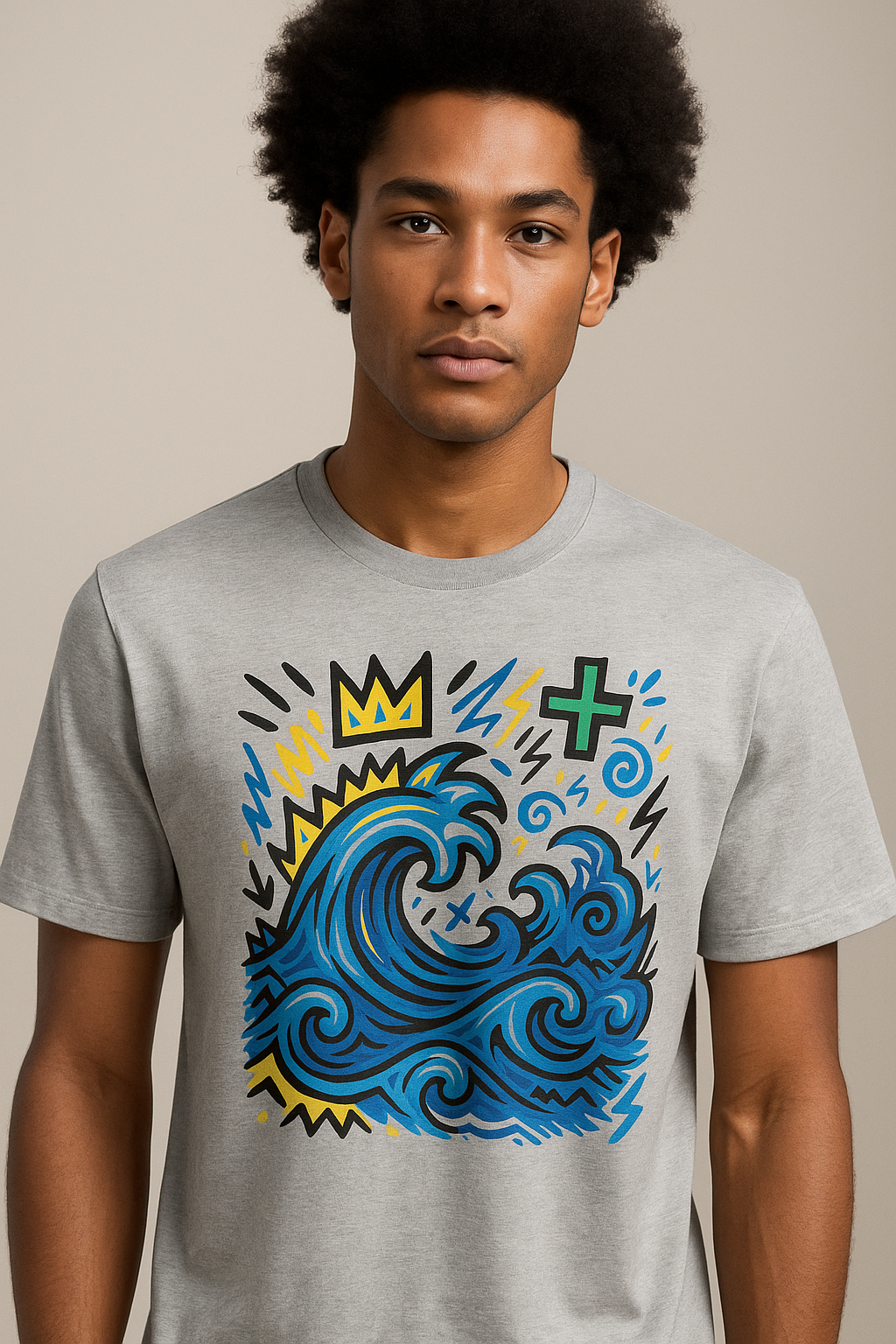 T-shirt Ondja gris clair chiné unisexe coton biologique, imprimé vague bleue stylisée avec symboles, mode afro luxe durable
