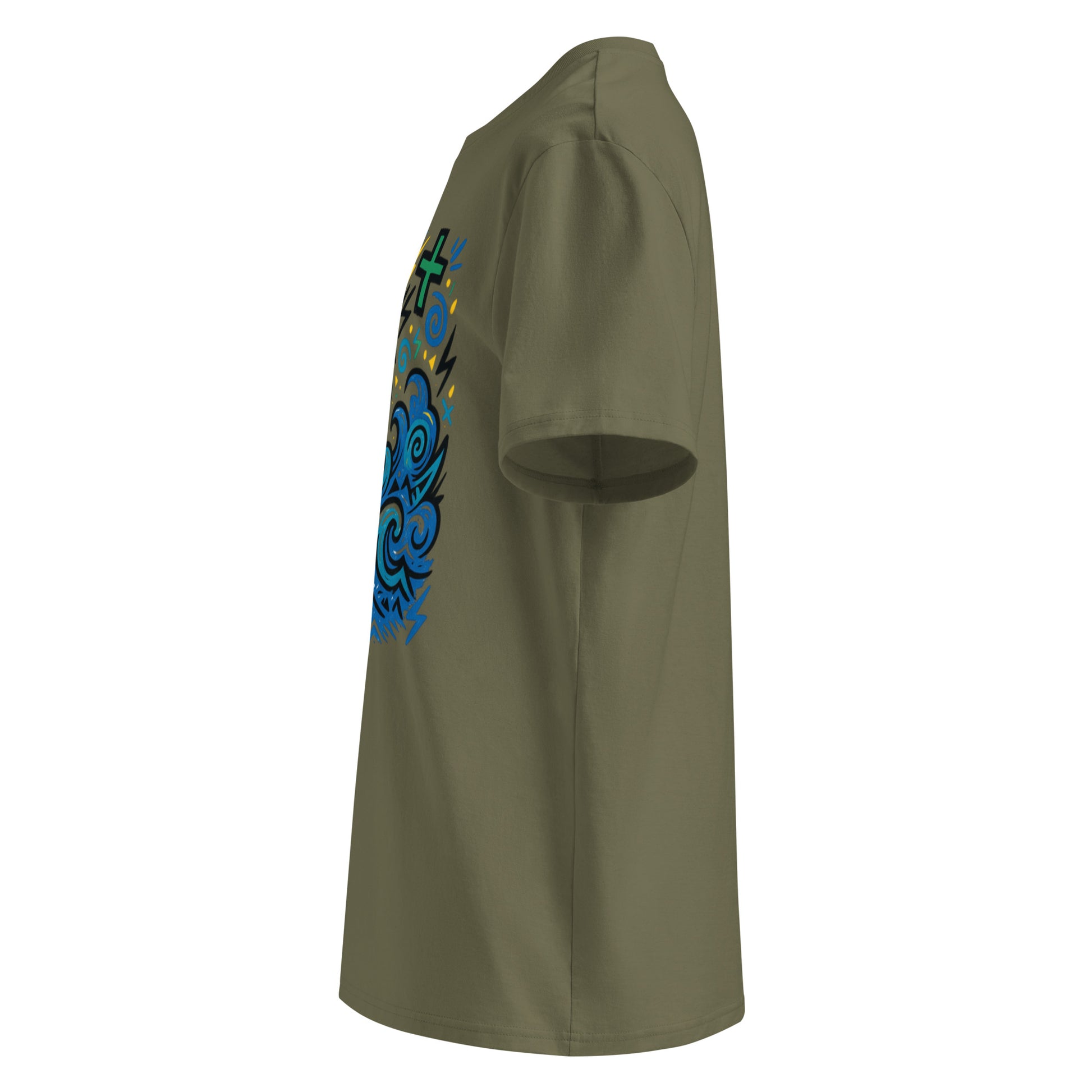 T-shirt Ondja kaki unisexe coton bio, imprimé exclusif vague bleue stylisée avec couronne jaune et symboles, mode gabon luxe