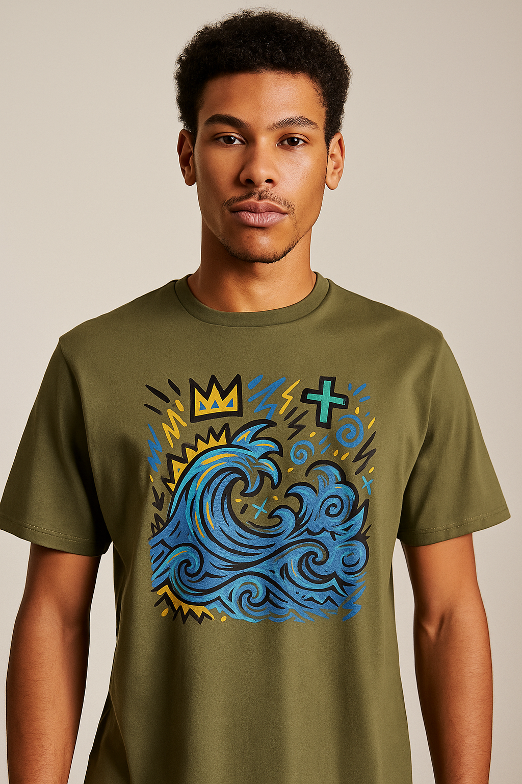 T-shirt Ondja kaki unisexe coton bio, imprimé exclusif vague bleue stylisée avec couronne jaune et symboles, mode gabon luxe