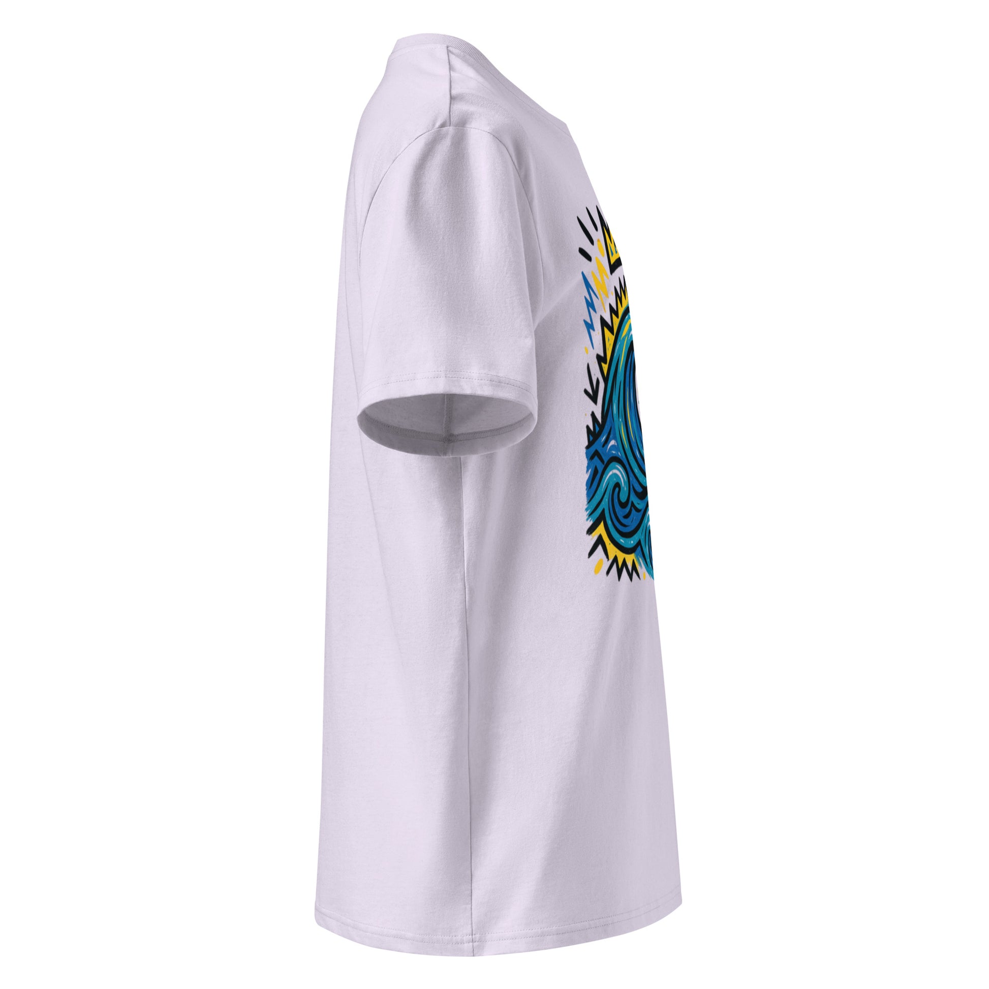 T-shirt Ondja lavande clair unisexe coton biologique certifié, imprimé artistique vague bleue et couronne jaune, slow fashion luxe