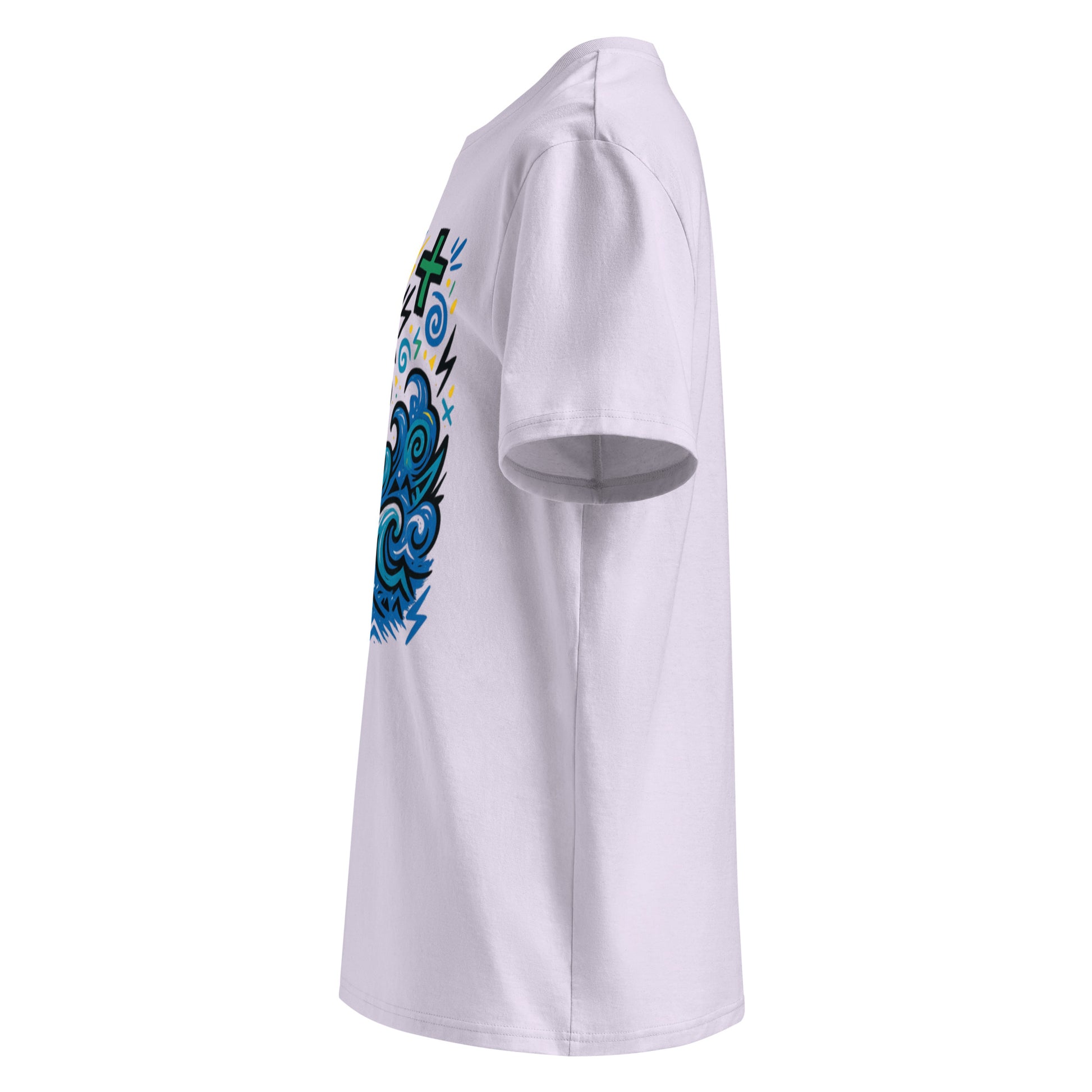 T-shirt Ondja lavande clair unisexe coton biologique certifié, imprimé artistique vague bleue et couronne jaune, slow fashion luxe