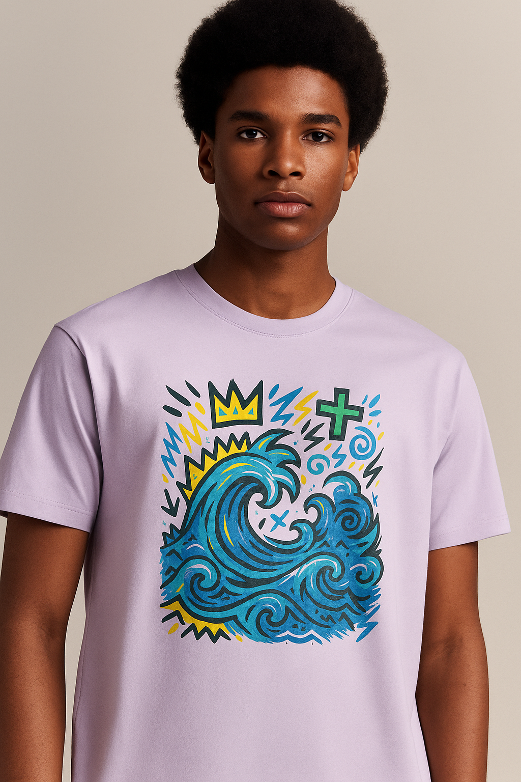 T-shirt Ondja lavande clair unisexe coton biologique certifié, imprimé artistique vague bleue et couronne jaune, slow fashion luxe