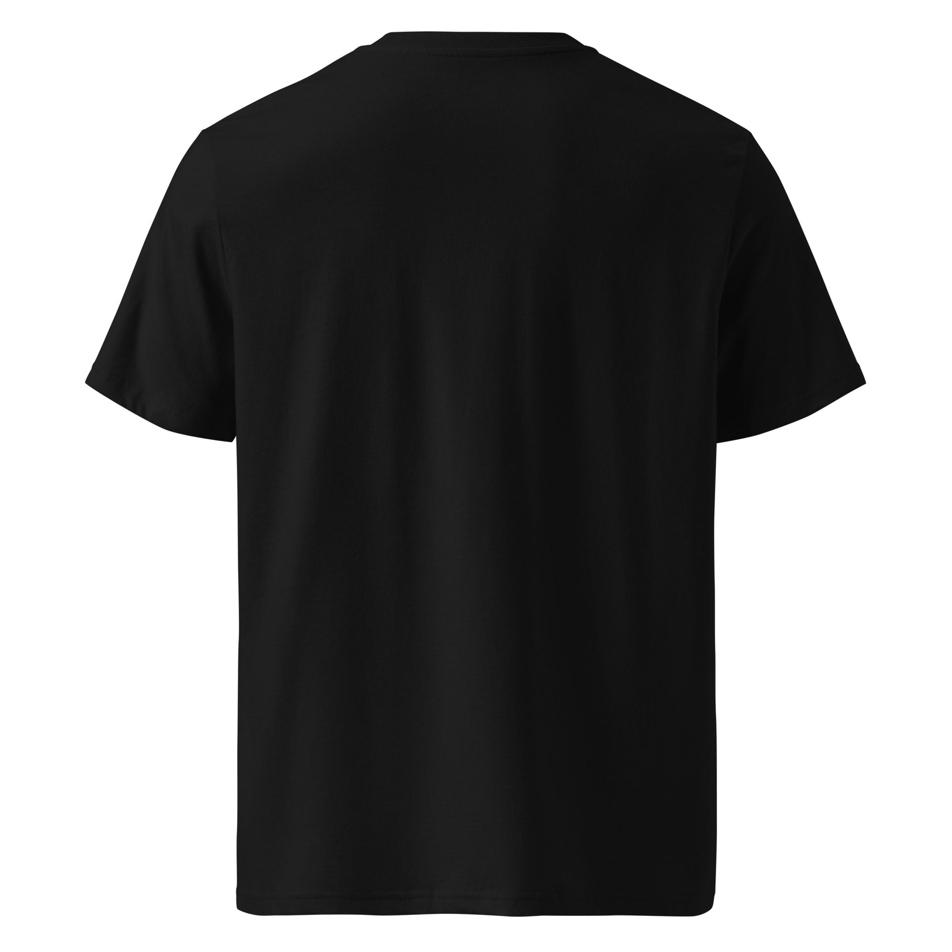 T-shirt Ondja noir unisexe en coton bio, imprimé coloré vague bleue stylisée avec symboles graphiques, collection artistique Élisabeth Akaïa Kaï
