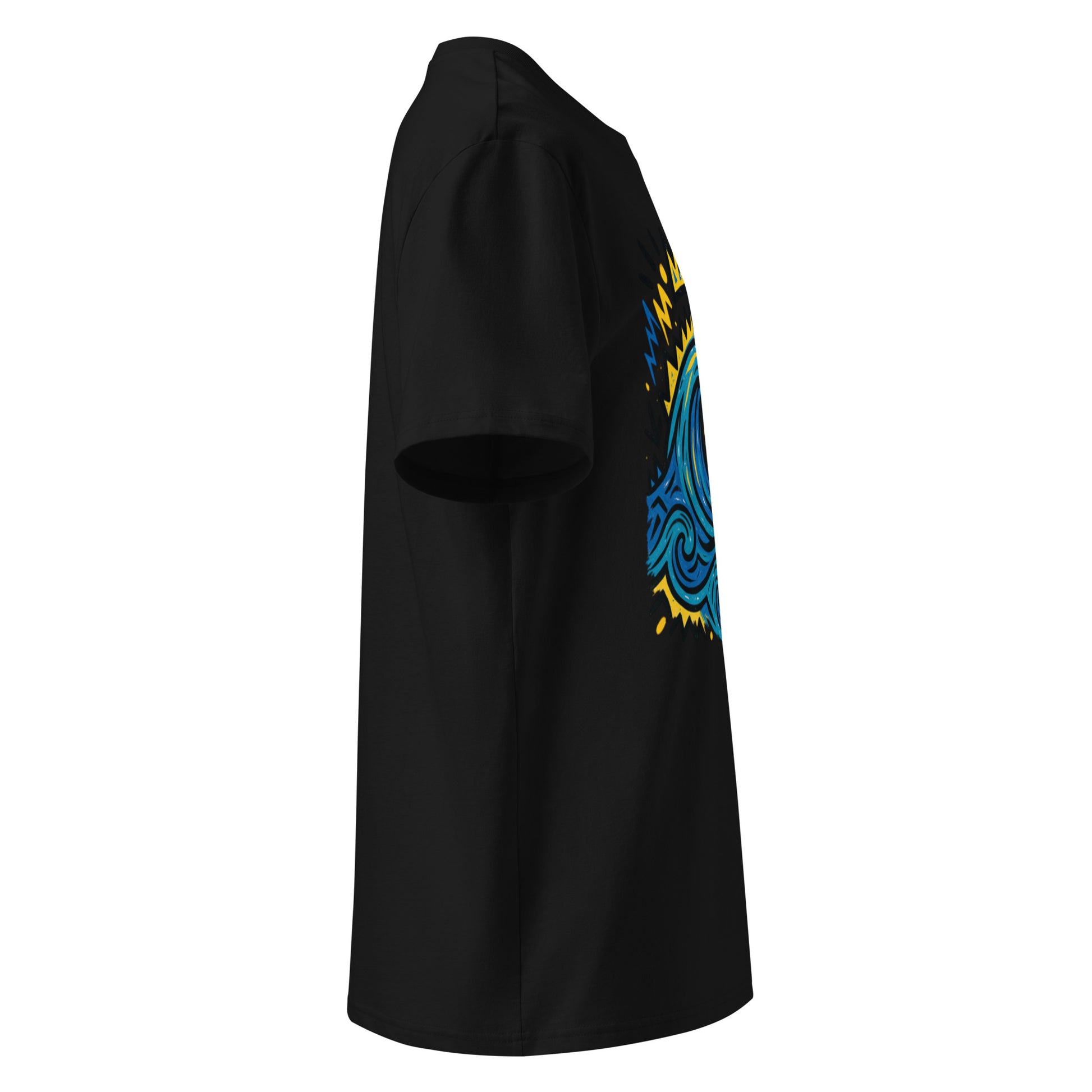 T-shirt Ondja noir unisexe en coton bio, imprimé coloré vague bleue stylisée avec symboles graphiques, collection artistique Élisabeth Akaïa Kaï