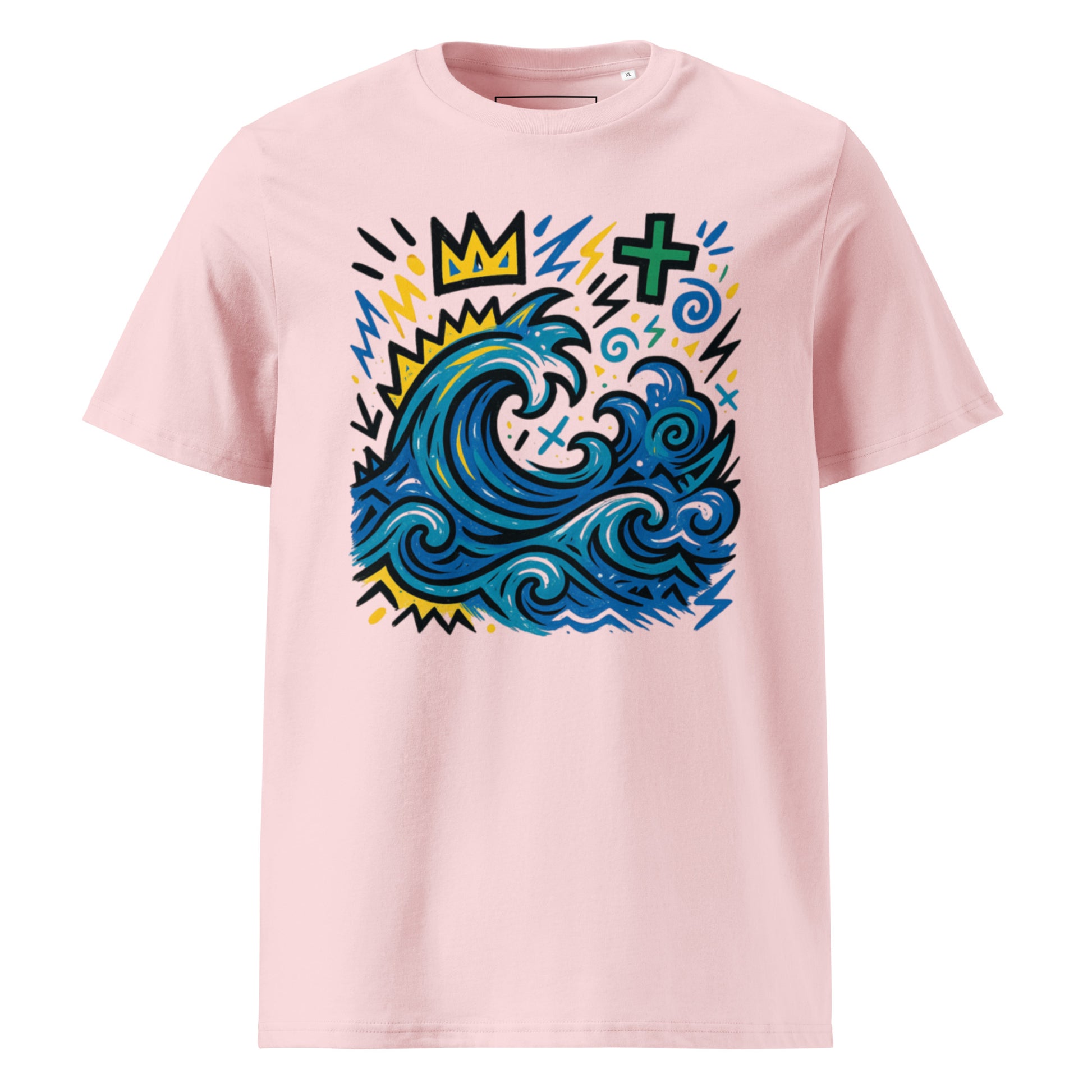 T-shirt Ondja couleur pêche clair unisexe coton bio, imprimé vague bleue stylisée et symboles colorés, Élisabeth Akaïa Kaï