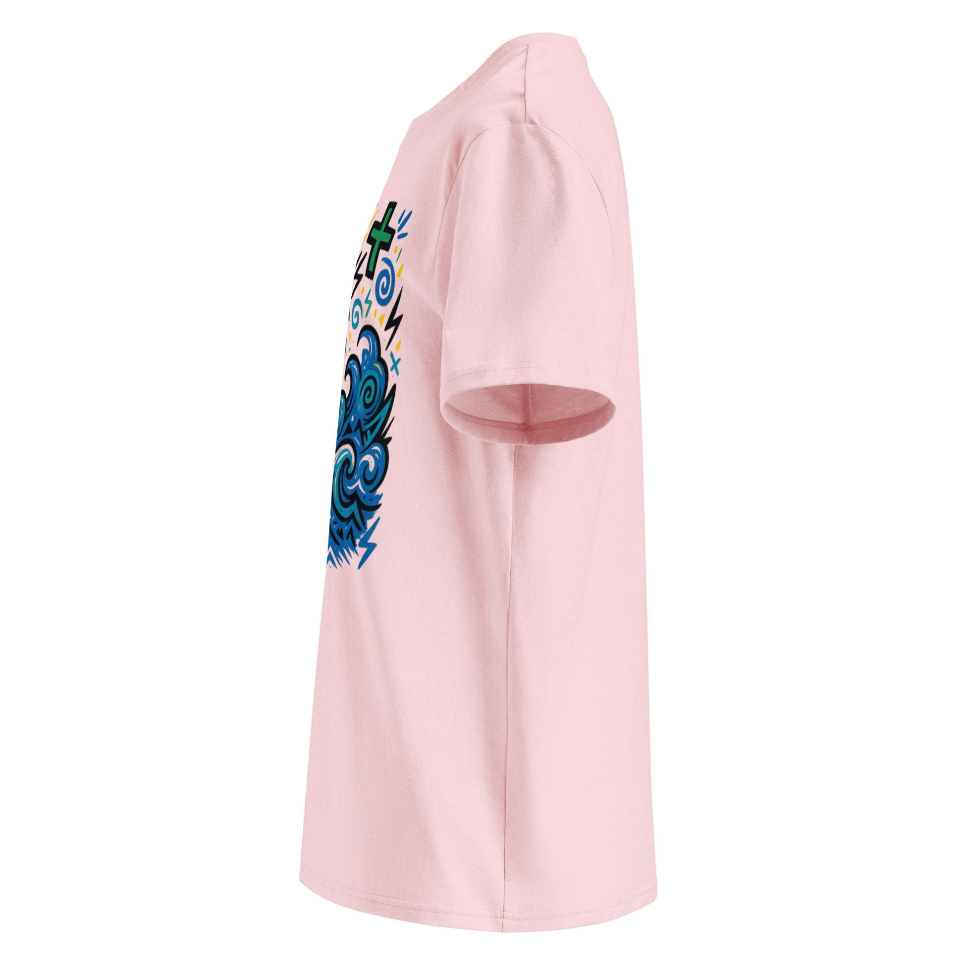 T-shirt Ondja couleur pêche clair unisexe coton bio, imprimé vague bleue stylisée et symboles colorés, Élisabeth Akaïa Kaï