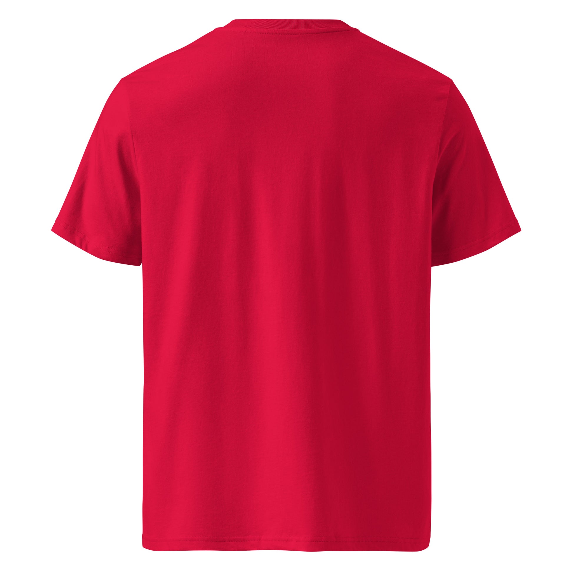 T-shirt Ondja rouge vif unisexe coton bio certifié, motif coloré vague bleue stylisée et symboles graphiques, afro luxe