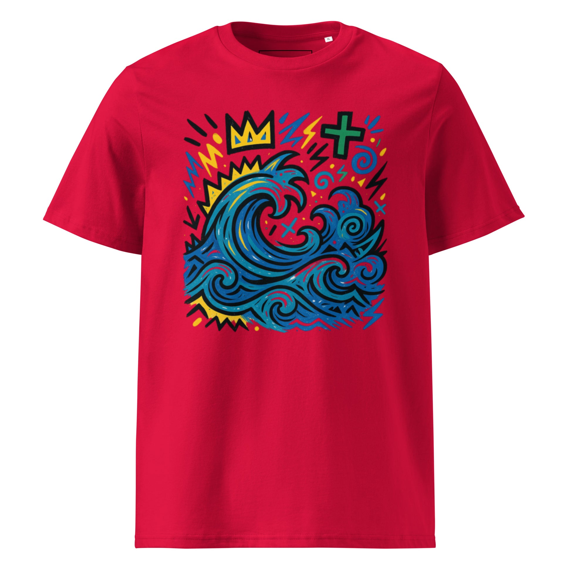 T-shirt Ondja rouge vif unisexe coton bio certifié, motif coloré vague bleue stylisée et symboles graphiques, afro luxe