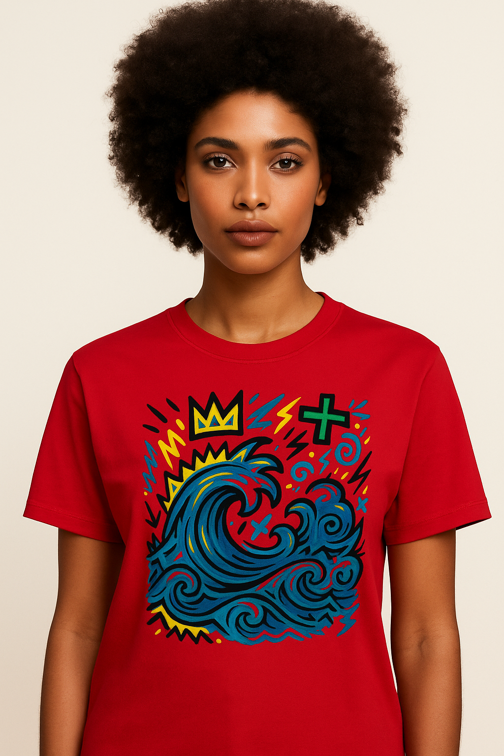 T-shirt Ondja rouge vif unisexe coton bio certifié, motif coloré vague bleue stylisée et symboles graphiques, afro luxe