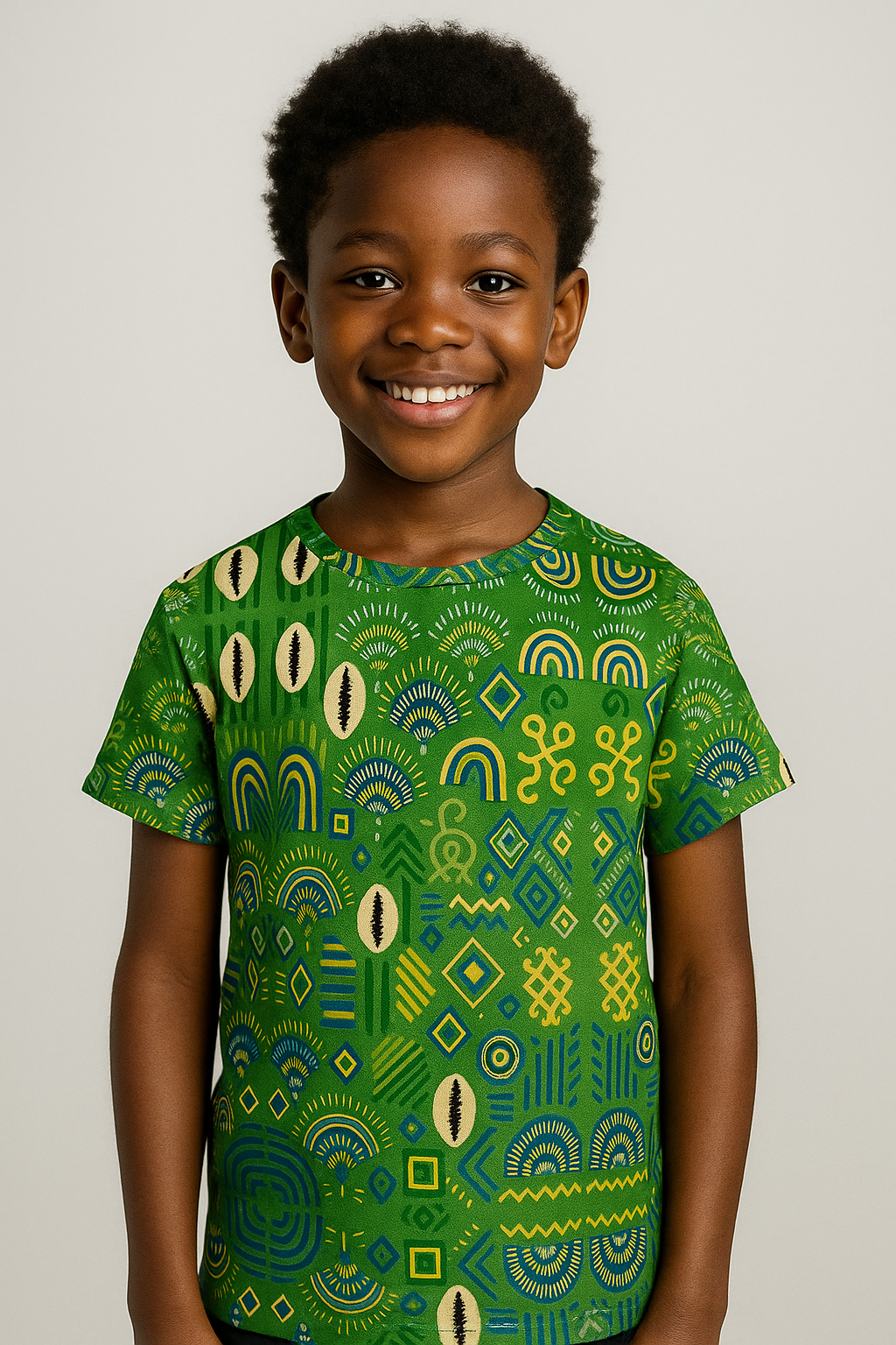 Garçon afro-métis souriant habillé du t-shirt Mwana en studio photo, illustrant le style afro-luxe et contemporain.