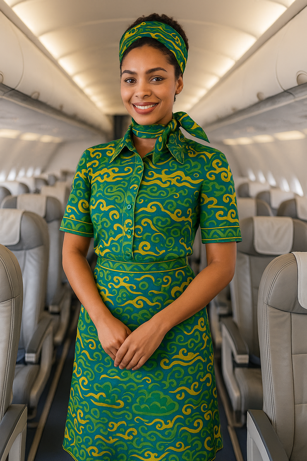 Jeune femme portant l’uniforme officiel de Fly Gabon, une robe verte aux motifs graphiques jaunes inspirés de l’art traditionnel. L’ensemble est complété par un foulard assorti noué dans les cheveux et autour du cou, symbolisant raffinement, hospitalité et identité gabonaise au sein de la cabine d’avion.