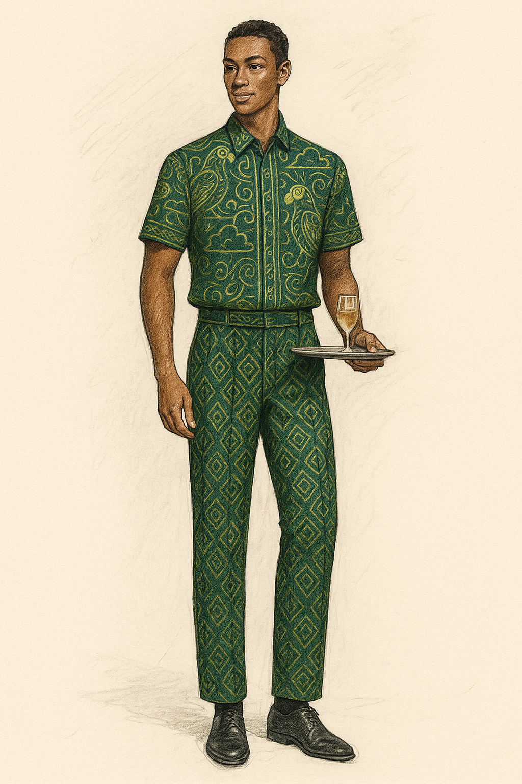 Illustration d’un homme portant un uniforme élégant composé d’une chemise à manches courtes et d’un pantalon vert, chacun décoré de motifs graphiques dorés inspirés de l’art traditionnel. Il tient un plateau avec un verre, incarnant raffinement, hospitalité et modernité culturelle.