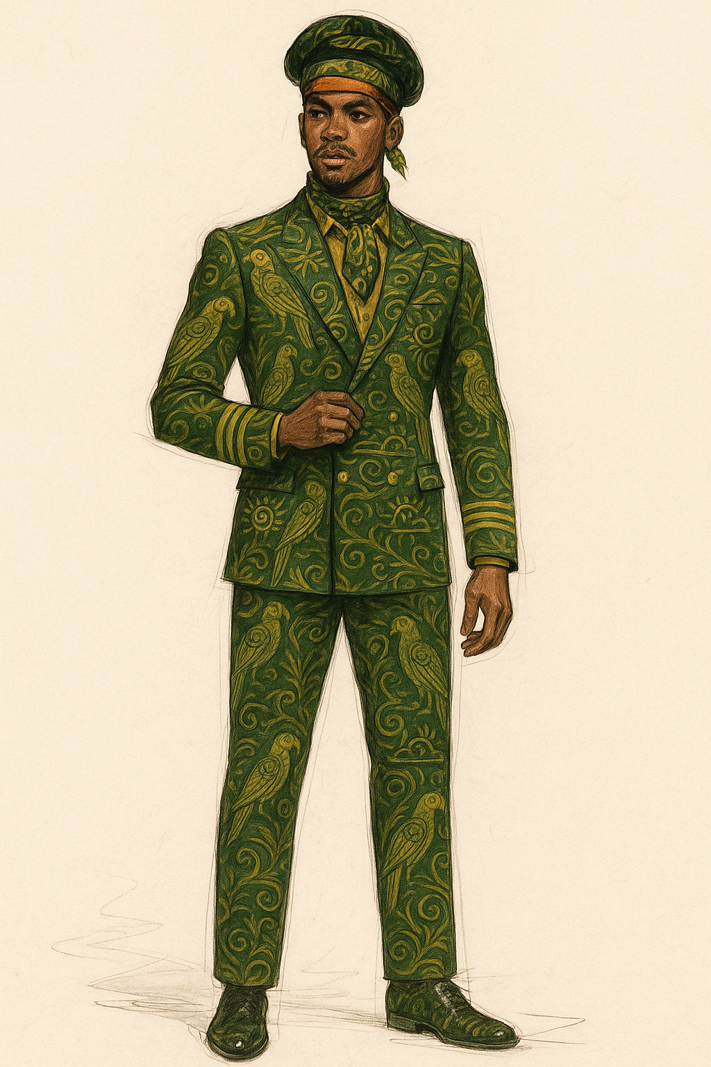 Illustration d’un pilote vêtu d’un uniforme vert orné de motifs dorés inspirés de l’art gabonais. L’ensemble inclut une veste croisée, un pantalon assorti, une chemise et un foulard coordonné, complétés par une casquette élégante. La tenue incarne autorité, prestige et identité culturelle gabonaise.