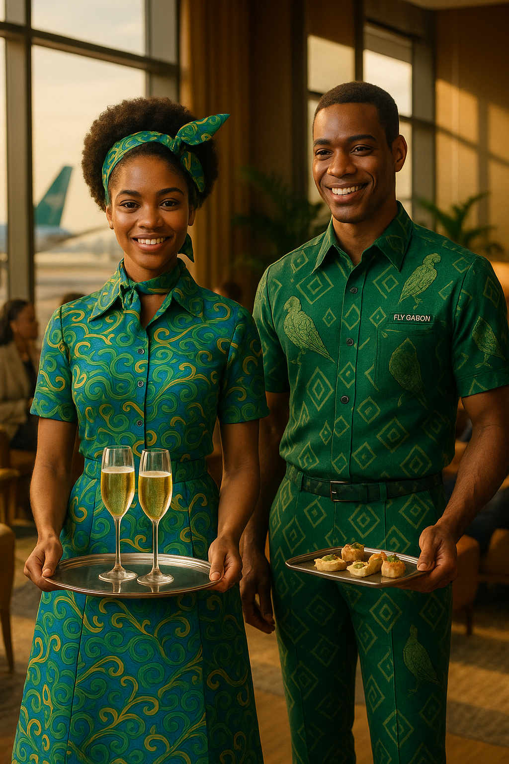 Un steward et une hôtesse de la compagnie Fly Gabon, souriants et vêtus d’élégants uniformes verts aux motifs dorés inspirés de l’art gabonais. Ils portent des plateaux de boissons et d’amuse-bouches dans un salon d’aéroport raffiné, incarnant accueil, prestige et identité culturelle.