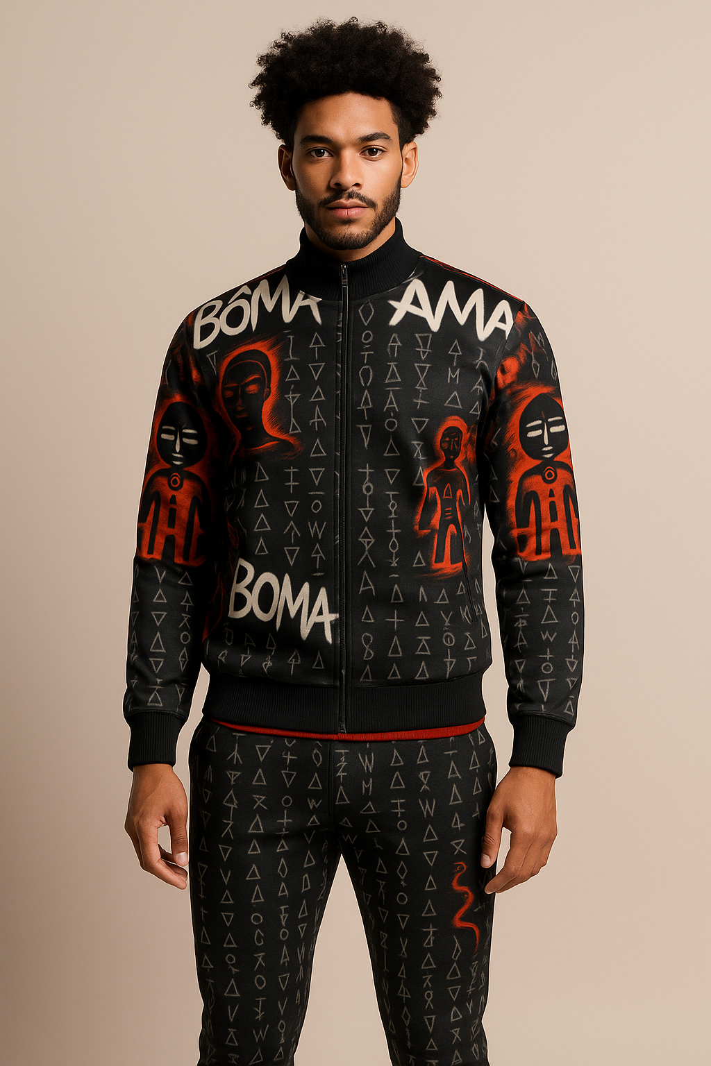 Veste streetwear de la collection Libreville Royale, imprimée de motifs tribaux rouges, noirs et blancs. Coupe unisexe avec fermeture zippée, symbole afro-luxe et esthétique urbaine artistique.