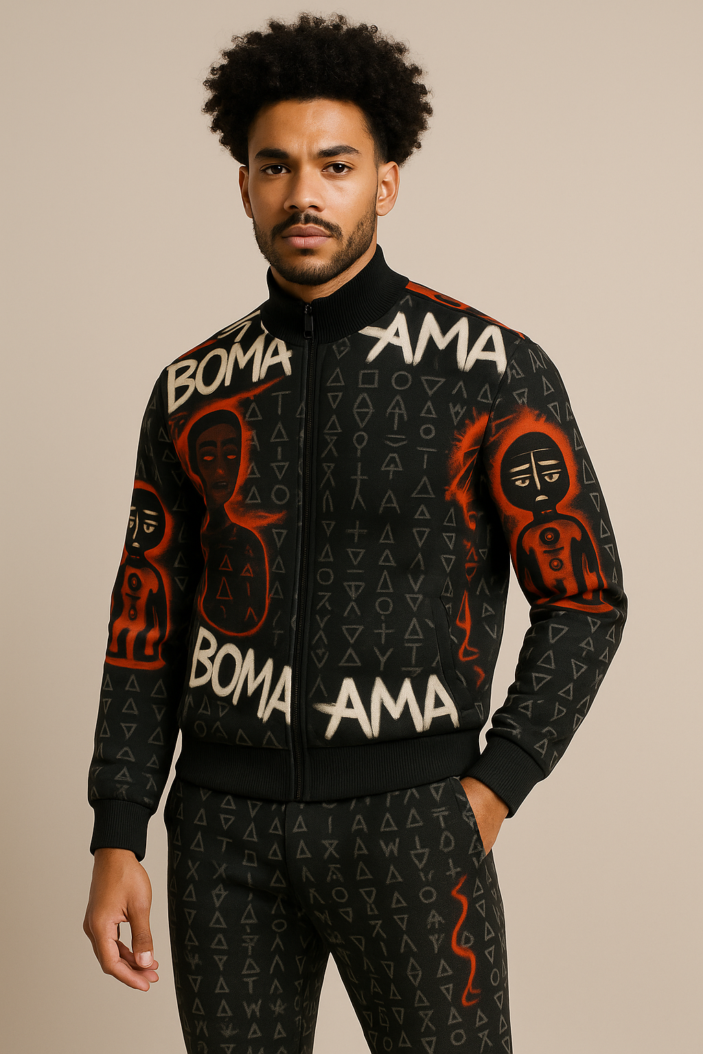 Veste streetwear de la collection Libreville Royale, imprimée de motifs tribaux rouges, noirs et blancs. Coupe unisexe avec fermeture zippée, symbole afro-luxe et esthétique urbaine artistique.