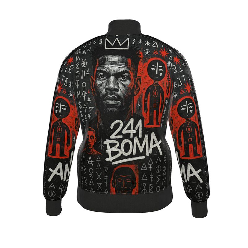 Veste streetwear de la collection Libreville Royale, imprimée de motifs tribaux rouges, noirs et blancs. Coupe unisexe avec fermeture zippée, symbole afro-luxe et esthétique urbaine artistique.