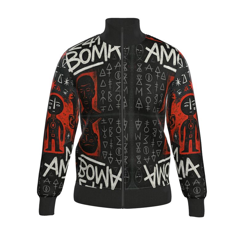 Veste streetwear de la collection Libreville Royale, imprimée de motifs tribaux rouges, noirs et blancs. Coupe unisexe avec fermeture zippée, symbole afro-luxe et esthétique urbaine artistique.