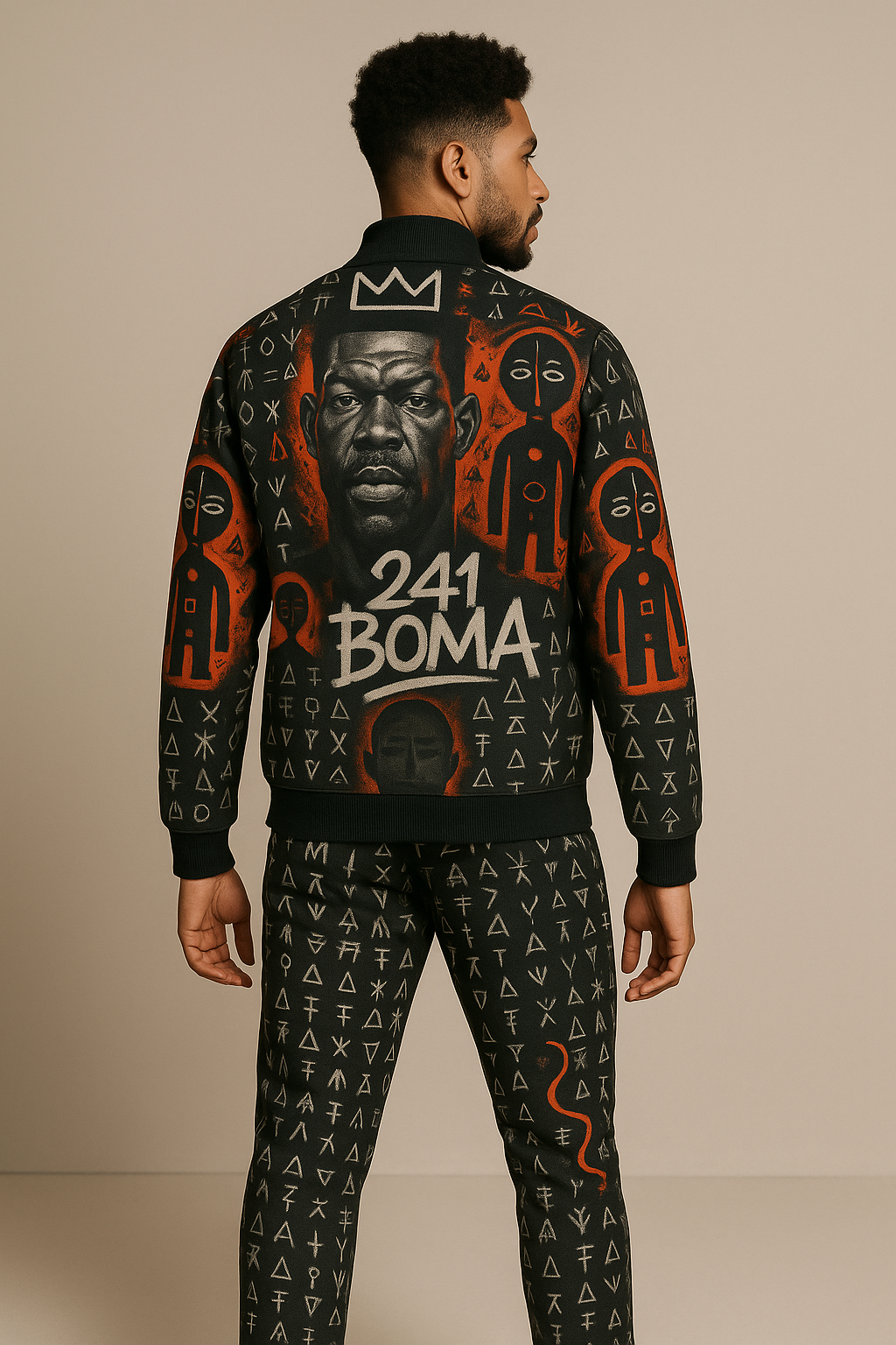 Veste streetwear de la collection Libreville Royale, imprimée de motifs tribaux rouges, noirs et blancs. Coupe unisexe avec fermeture zippée, symbole afro-luxe et esthétique urbaine artistique.