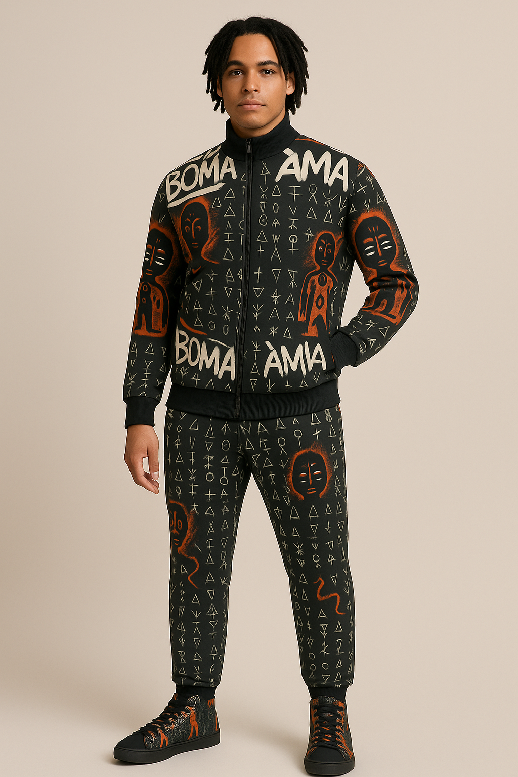 Veste streetwear de la collection Libreville Royale, imprimée de motifs tribaux rouges, noirs et blancs. Coupe unisexe avec fermeture zippée, symbole afro-luxe et esthétique urbaine artistique.