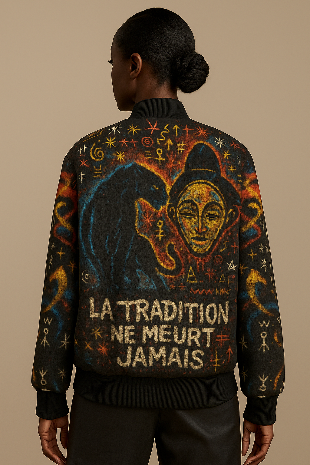 Vue arrière d’une femme portant la veste bomber Miengo Sekiani d’Élisabeth Akaïa Kaï, avec un grand imprimé afro-street art représentant une panthère noire, un masque Okuyi doré et la phrase « La tradition ne meurt jamais » sur fond de symboles tribaux colorés.