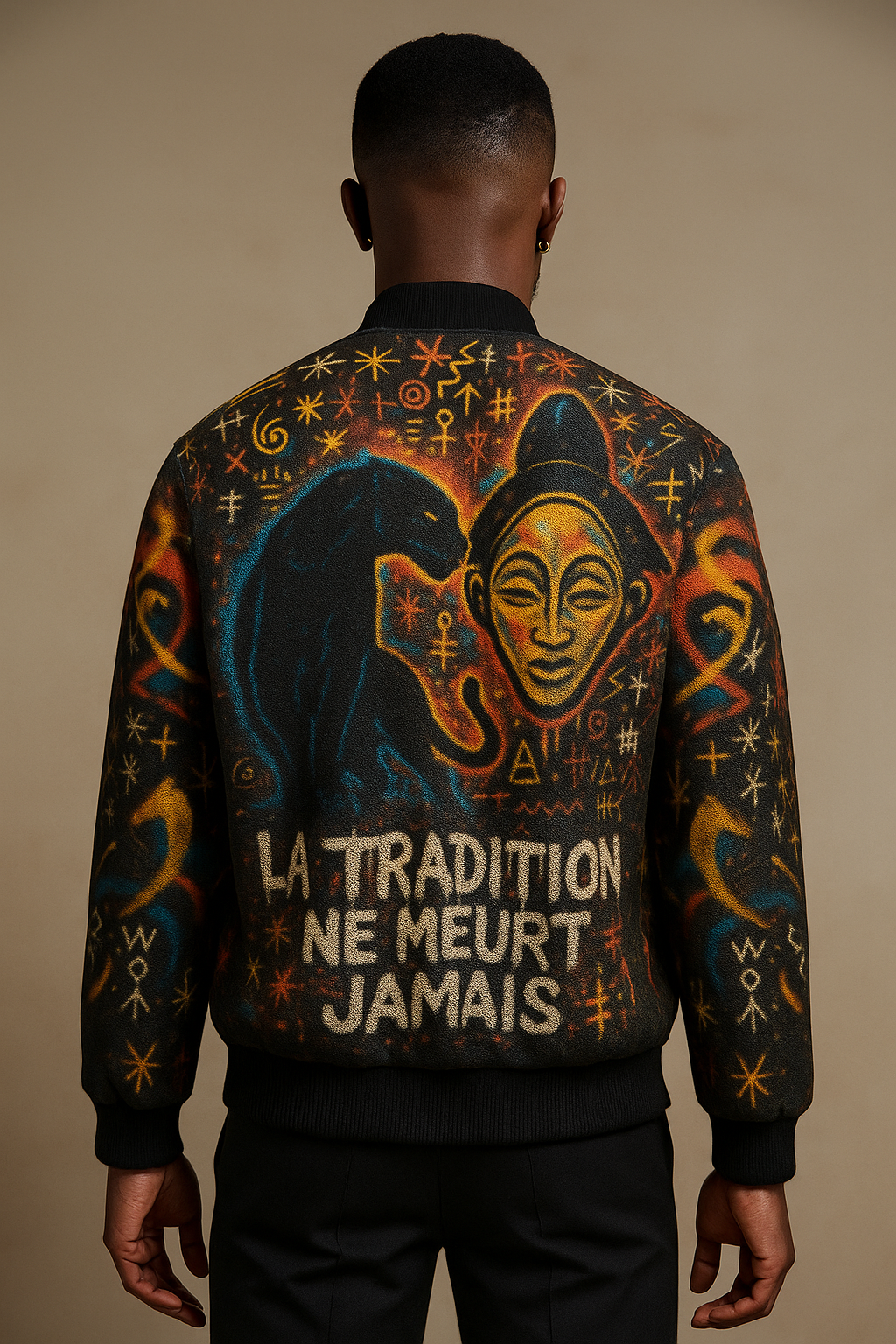 Homme vu de dos portant la veste bomber Miengo Sekiani de la maison Élisabeth Akaïa Kaï, ornée d’un motif artistique mêlant panthère noire, masque africain doré et inscriptions afro-luxe sur fond noir, symbole de la tradition et de la fierté gabonaise.