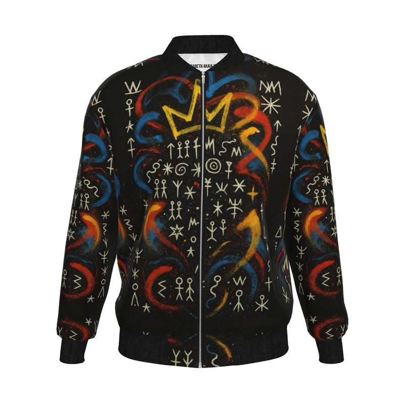 Vue avant de la veste bomber Miengo Sekiani d’Élisabeth Akaïa Kaï, ornée de symboles tribaux et de motifs bantugraphiques blancs sur fond noir, rehaussés de touches rouges, bleues et dorées, inspirés de l’art afro-luxe contemporain.