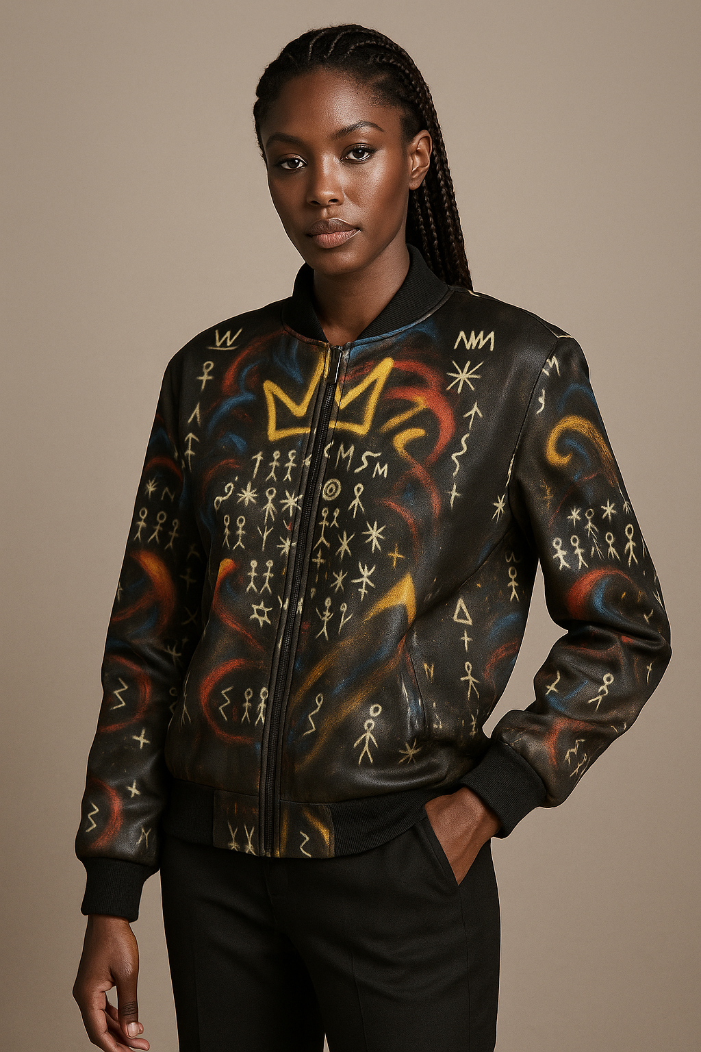 Femme portant la veste bomber Miengo Sekiani d’Élisabeth Akaïa Kaï, vue trois-quarts, avec un imprimé afro-street art composé de symboles bantugraphiques blancs, de motifs rouges, bleus et dorés sur fond noir.