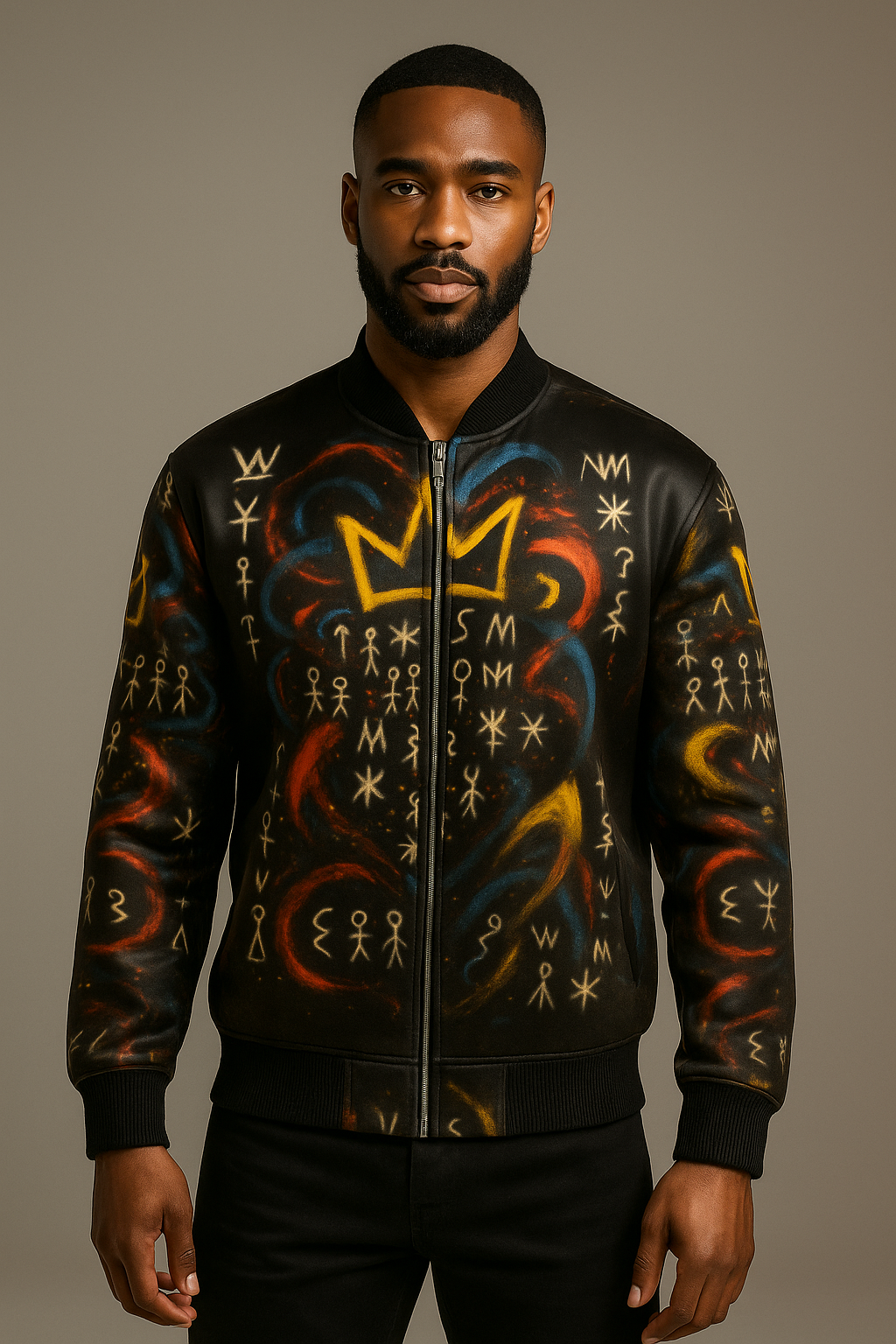 Homme portant la veste bomber Miengo Sekiani d’Élisabeth Akaïa Kaï, avec un imprimé afro-street art mêlant symboles bantugraphiques, touches de rouge, bleu et or, et couronne centrale sur fond noir.