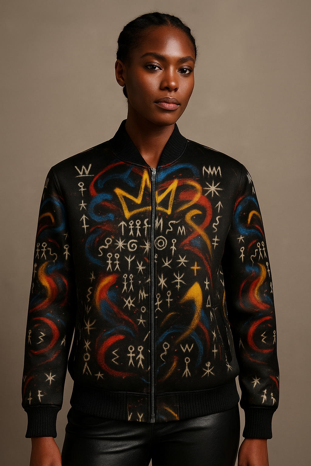 Vue frontale d’une femme portant la veste bomber Miengo Sekiani de la maison Élisabeth Akaïa Kaï, ornée d’un motif afro-luxe inspiré de l’art gabonais et du graffiti contemporain, avec une couronne dorée centrale et des symboles tribaux stylisés.