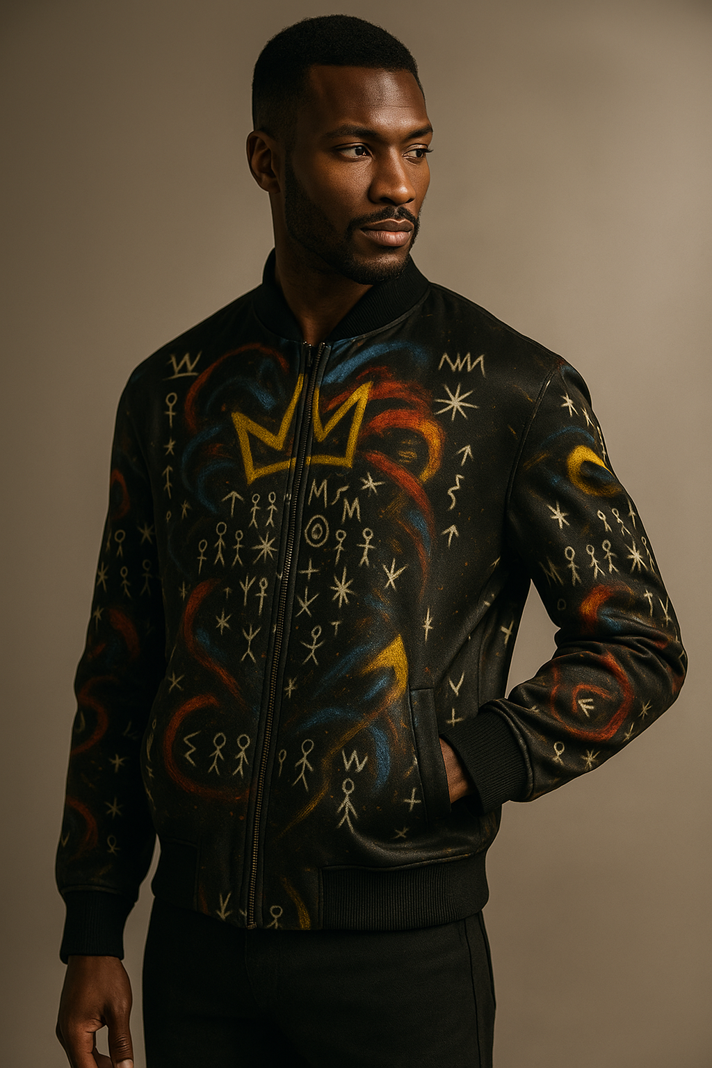 Veste bomber Miengo Sekiani portée par un mannequin homme, vue trois-quarts, mettant en valeur les détails du motif afro-luxe inspiré du street art gabonais et de la culture panafricaine.