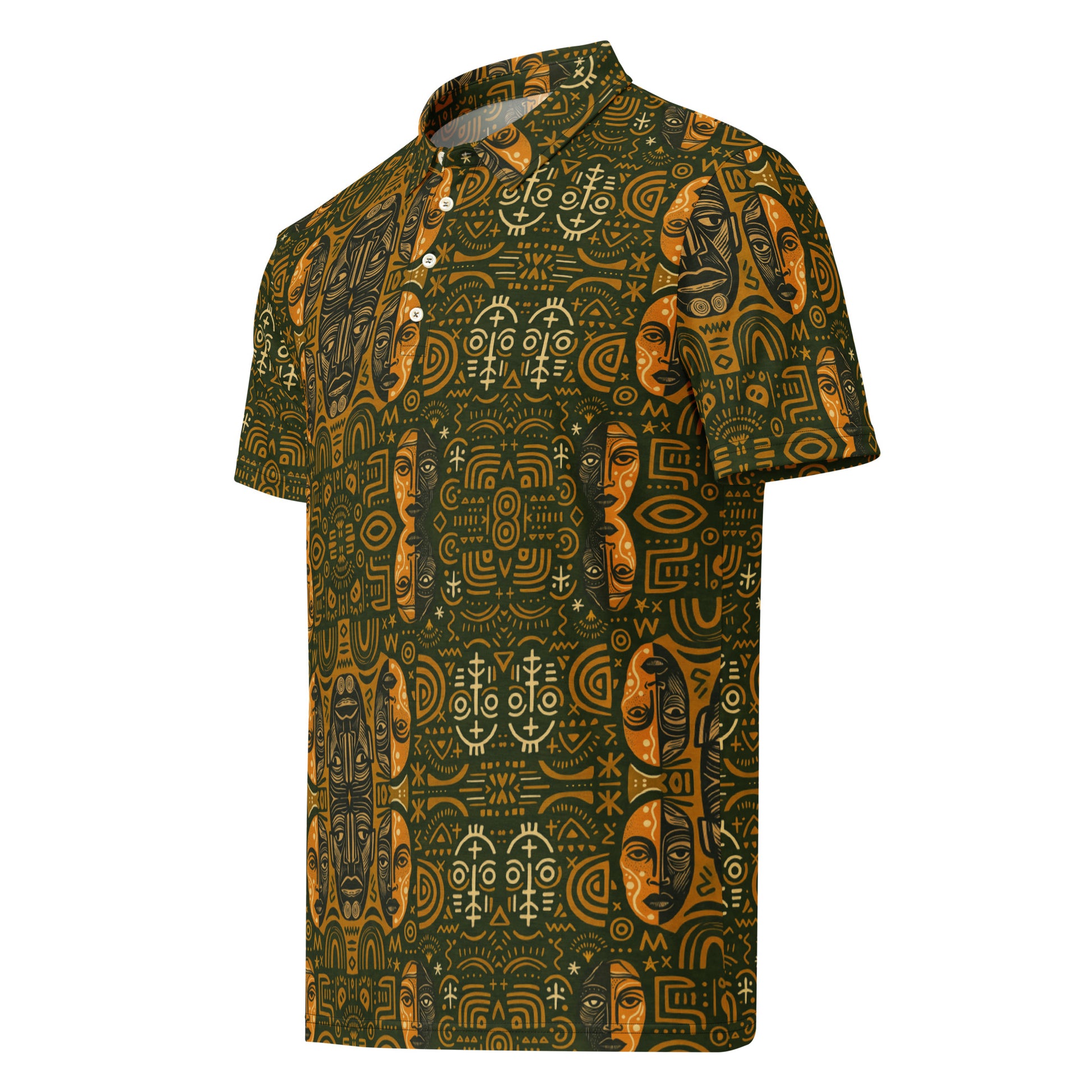 Collection Rituels Solaires. Polo de luxe imprimé all-over avec motifs solaires et ethniques en tons or et vert profond, coupe cintrée et élégante.