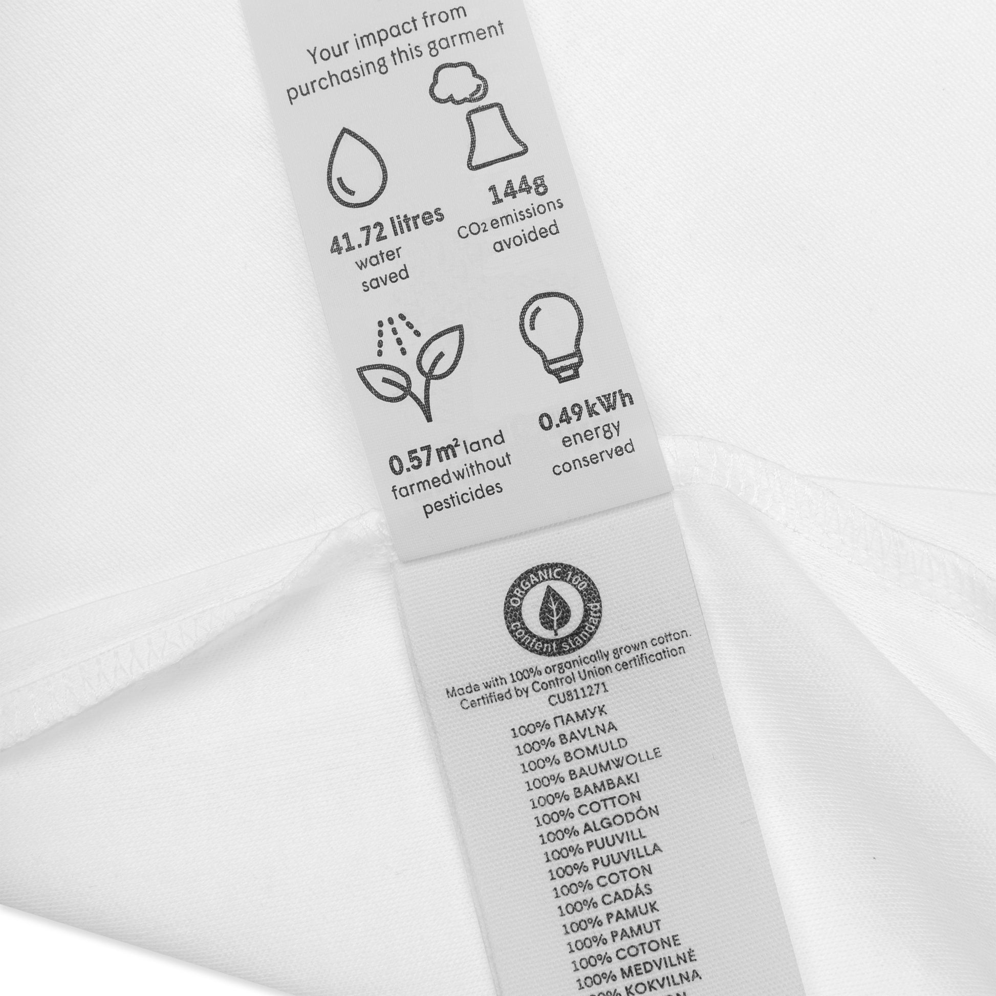 Étiquette écologique du body bébé Ndzéba, mettant en avant l’impact positif de la mode afro luxe en coton bio : économie d’eau, réduction du CO₂, énergie préservée, culture sans pesticides.