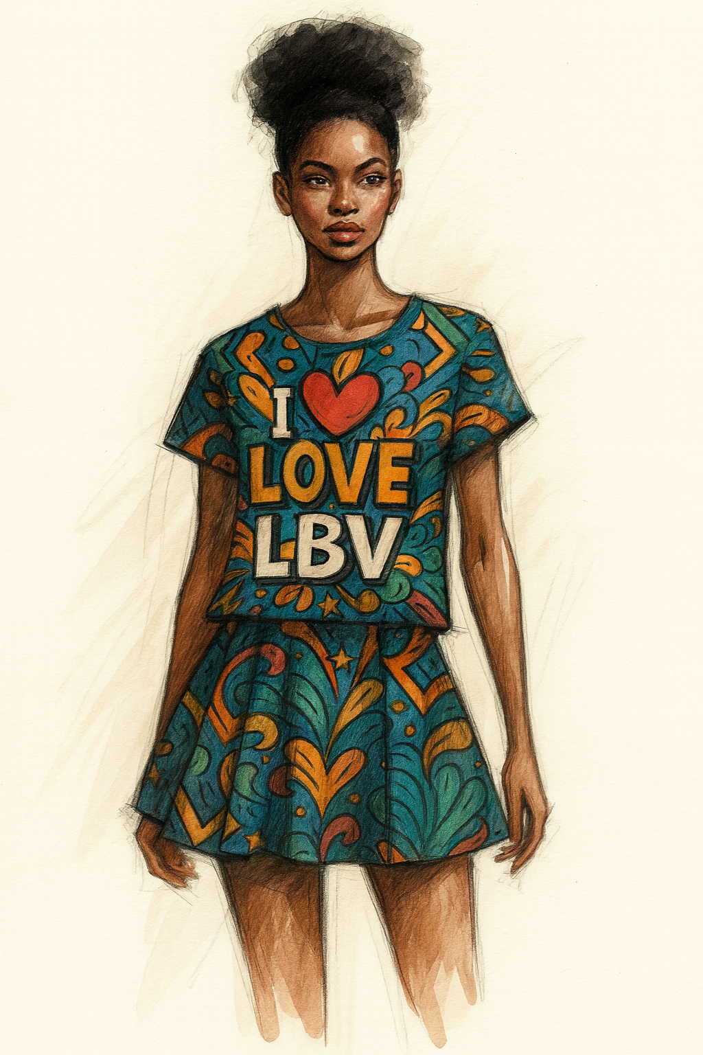 Croquis de mode – T-shirt “I Love LBV” porté par un mannequin afro