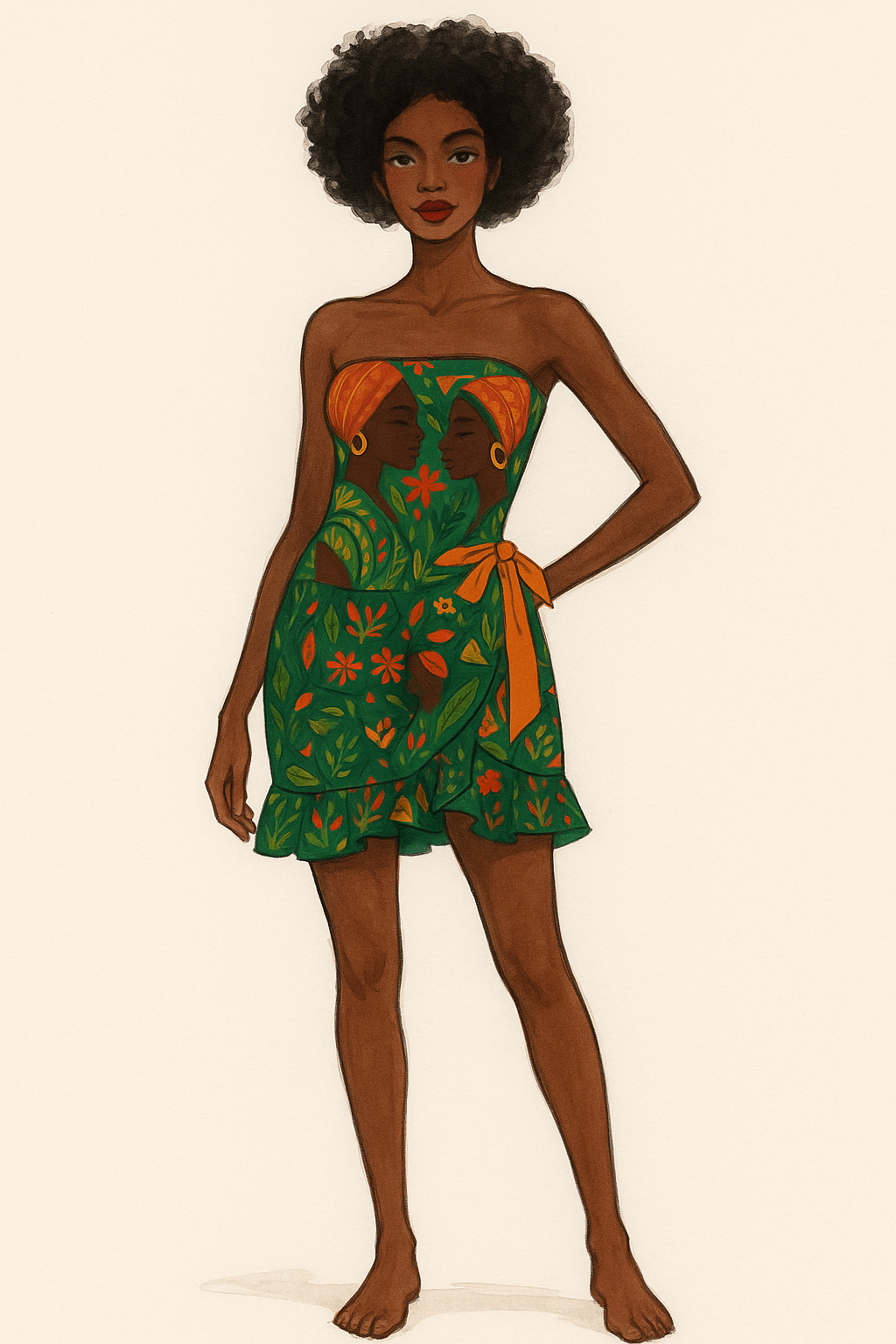 Illustration d'une mannequin afro portant un maillot une pièce et une jupe portefeuille à motifs tropicaux de la collection Été Éternel par Élisabeth Akaïa Kaï.